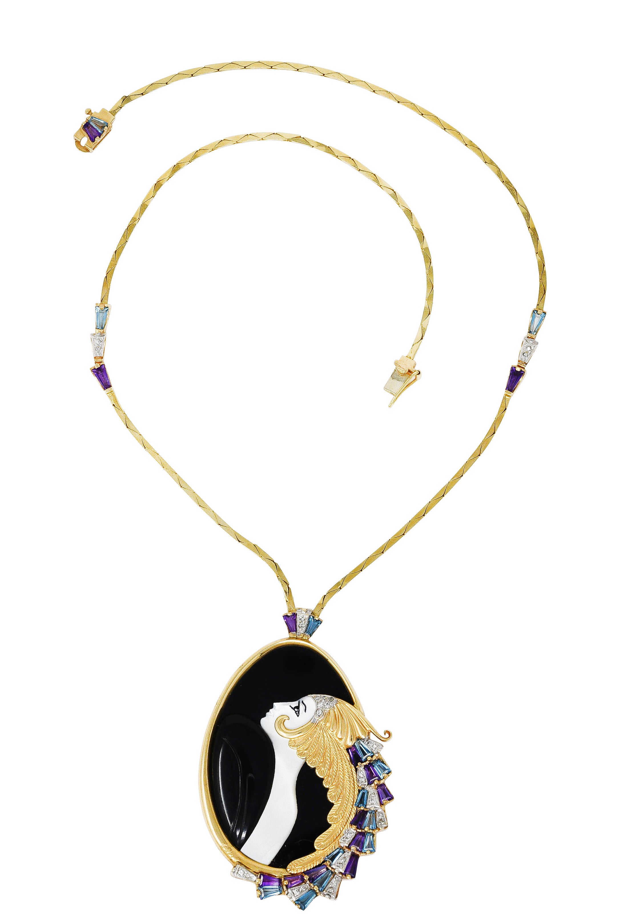 Erté Beauty of The Beast Diamond Amethyst Topaz Onyx Mother-Of-Pearl Platinum 14 Karat Yellow Gold Beauty and the Beast Vintage Pendant Necklace Wilson's Estate Jewelry