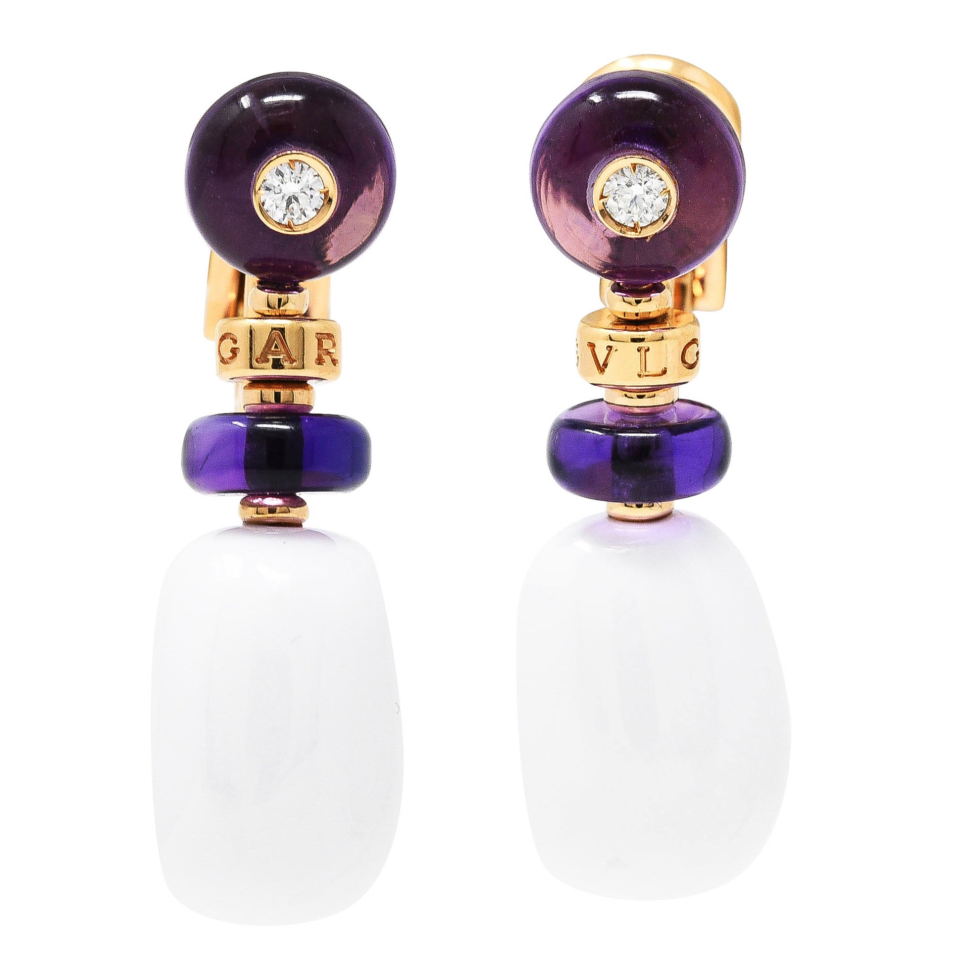 Bulgari Diamond Amethyst Ceramic 18 Karat Rose Gold Mediterranean Eden Sassi Vintage Drop Earrings Wilson's Estate Jewelry