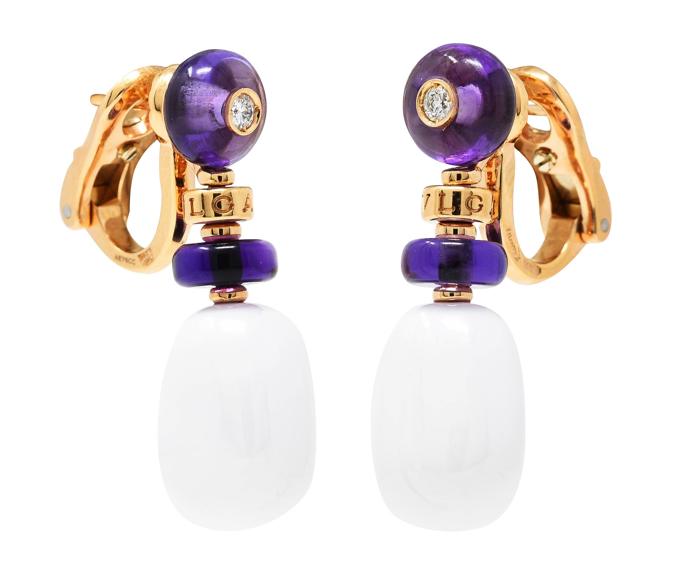 Bulgari Diamond Amethyst Ceramic 18 Karat Rose Gold Mediterranean Eden Sassi Vintage Drop Earrings Wilson's Estate Jewelry