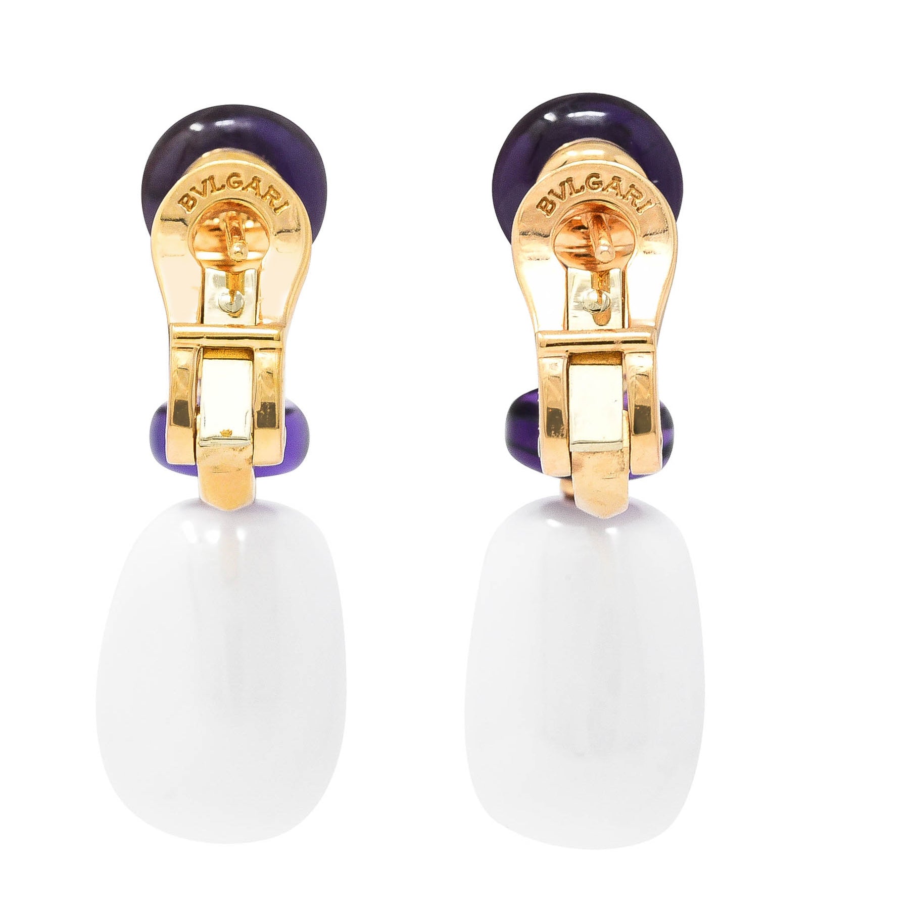 Bulgari Diamond Amethyst Ceramic 18 Karat Rose Gold Mediterranean Eden Sassi Vintage Drop Earrings Wilson's Estate Jewelry