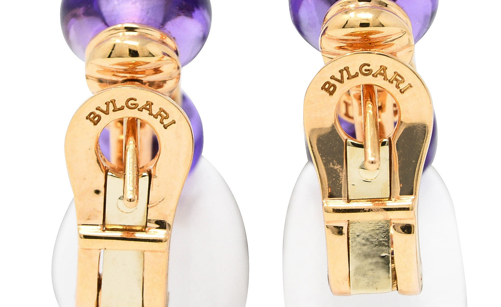 Bulgari Diamond Amethyst Ceramic 18 Karat Rose Gold Mediterranean Eden Sassi Vintage Drop Earrings Wilson's Estate Jewelry