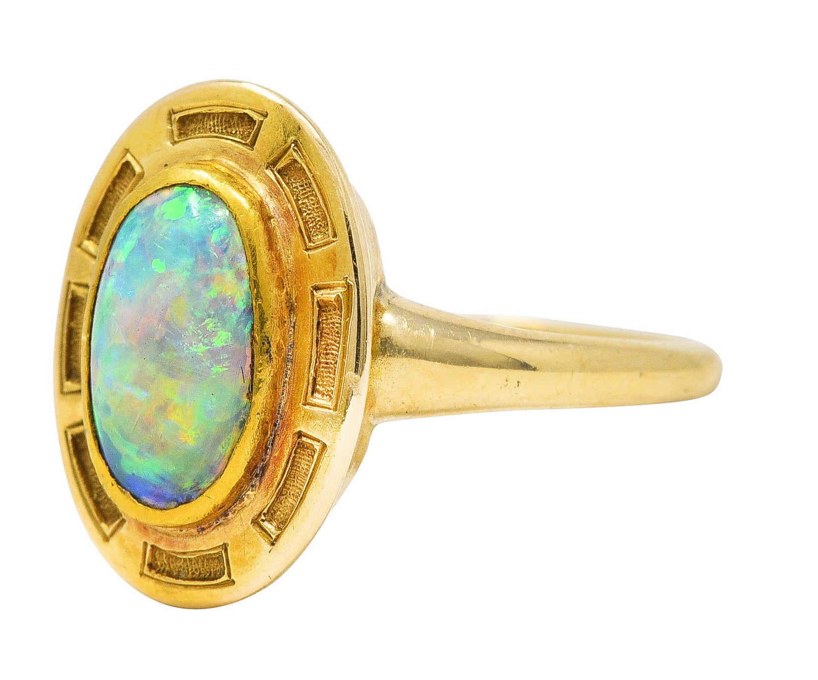 .11111 *# CONFIRM a MEASUREMENT Art Nouveau Opal 14 Karat Yellow Gold Geometric Gemstone Ring Wilson's Estate Jewelry