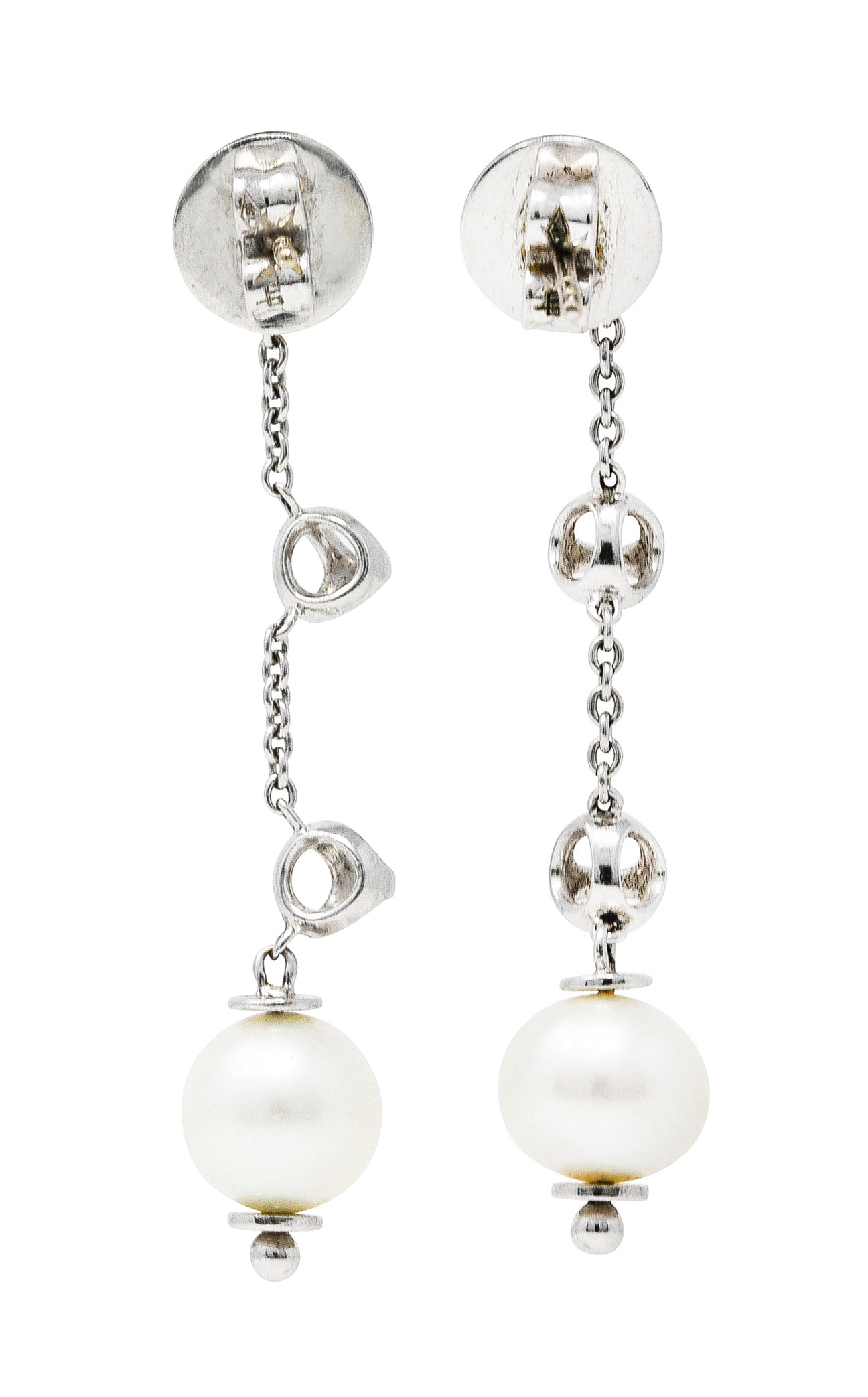 Di Modolo Vintage Diamond Pearl 18 Karat White Gold Triadra Drop Earrings Wilson's Estate Jewelry