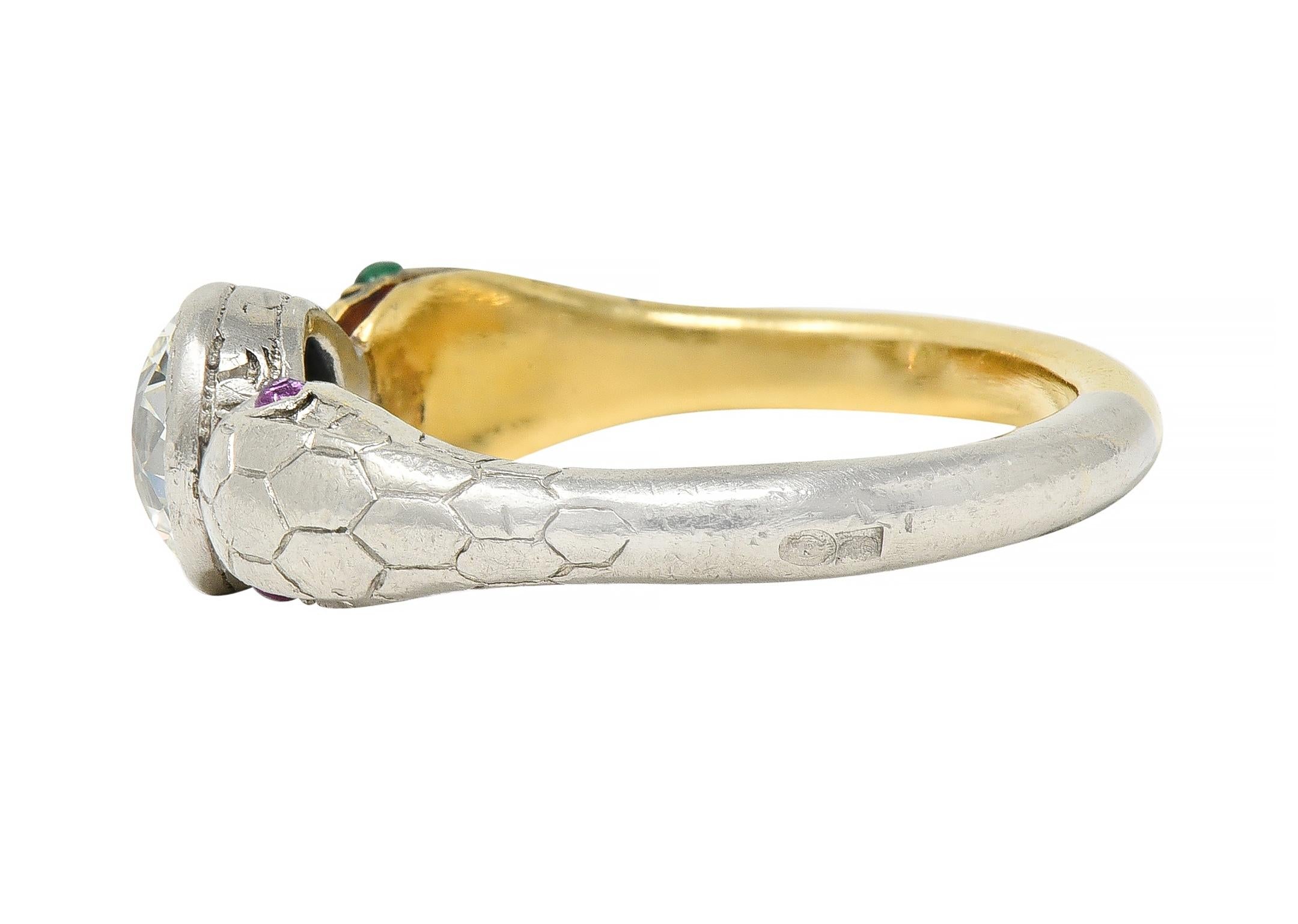 Art Deco French 1.16 CTW Diamond Platinum 18 Karat Gold Snake Engagement Ring