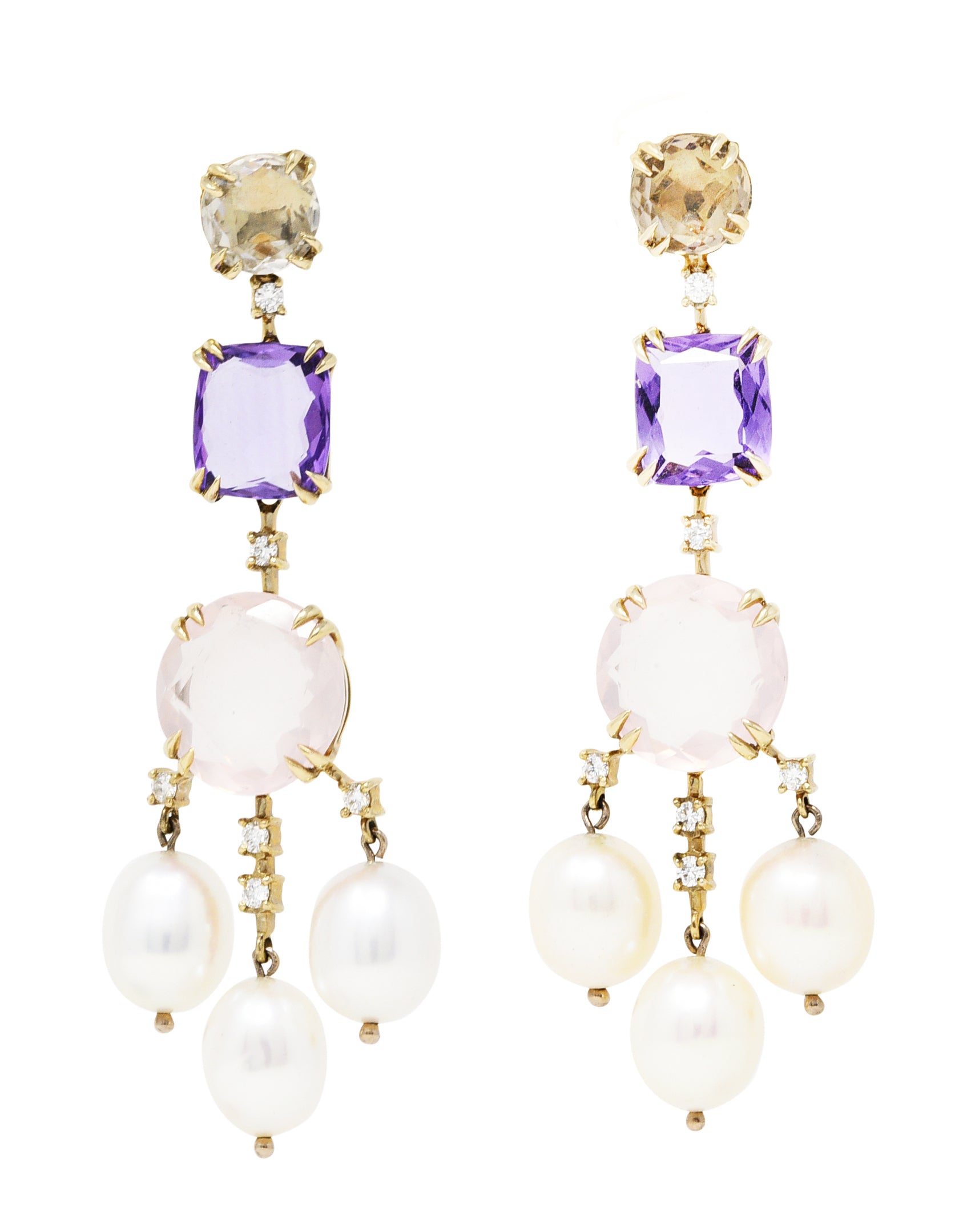 H. Stern Rose Quartz Amethyst Diamond Pearl 18 Karat Yellow Gold Chandelier Earrings Wilson's Estate Jewelry