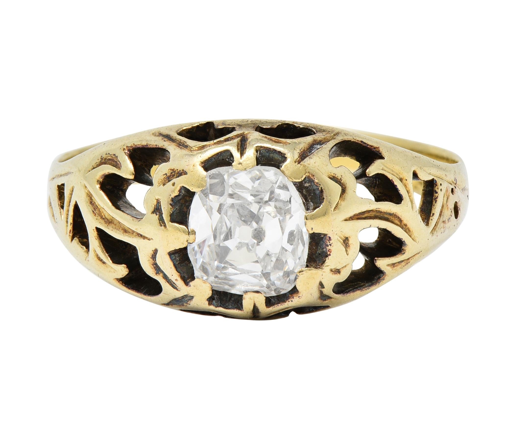 Art Nouveau 0.53 CTW Old Mine Diamond 18 Karat Gold Belcher Engagement Ring