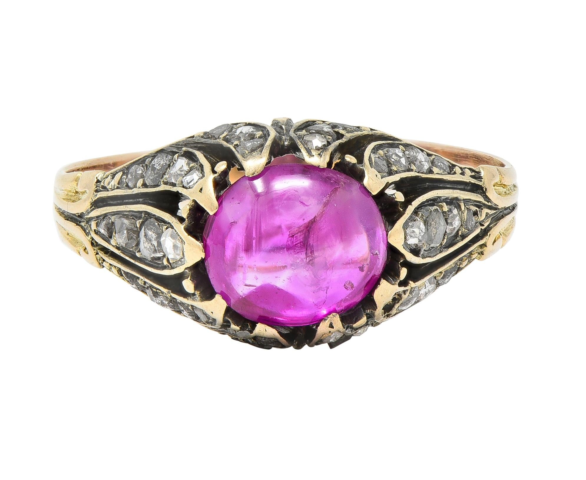 Victorian Cabochon Ruby Diamond 14 Karat Yellow Gold Foliate Antique Ring