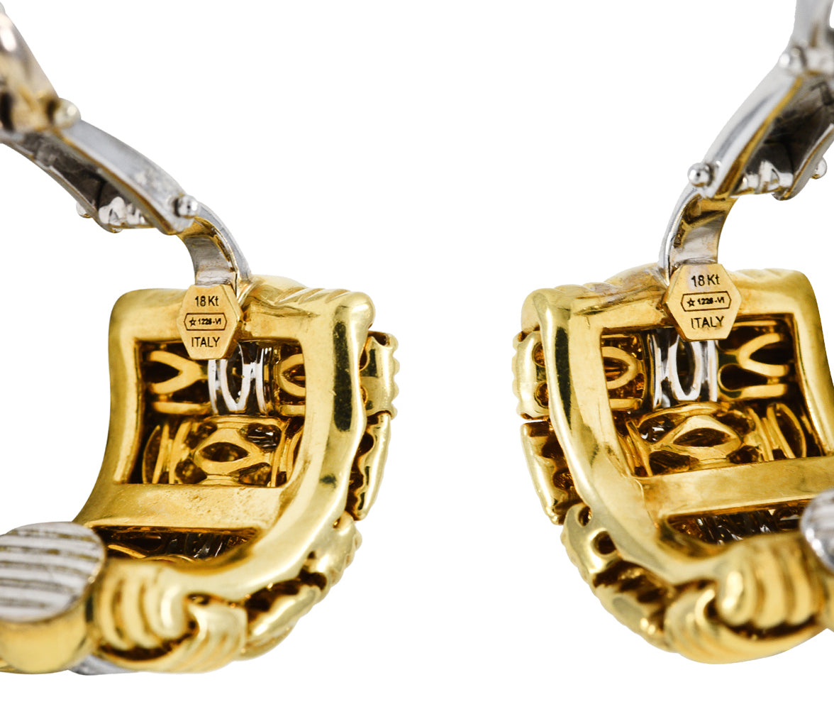 1990's Roberto Coin Diamond 18 Karat Two-Tone Gold Appassionata Vintage Half-Hoop Earrings Wilson's Estate Jewelry