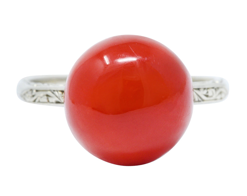 French 1920's Art Deco Carved Coral 18 Karat White Gold Ball RingRing - Wilson's Estate Jewelry