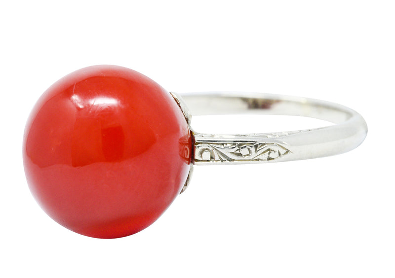 French 1920's Art Deco Carved Coral 18 Karat White Gold Ball RingRing - Wilson's Estate Jewelry