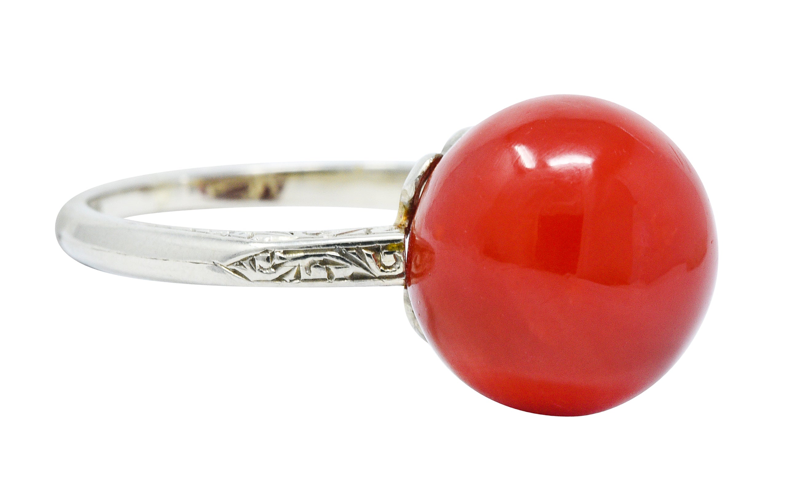 French 1920's Art Deco Carved Coral 18 Karat White Gold Ball RingRing - Wilson's Estate Jewelry