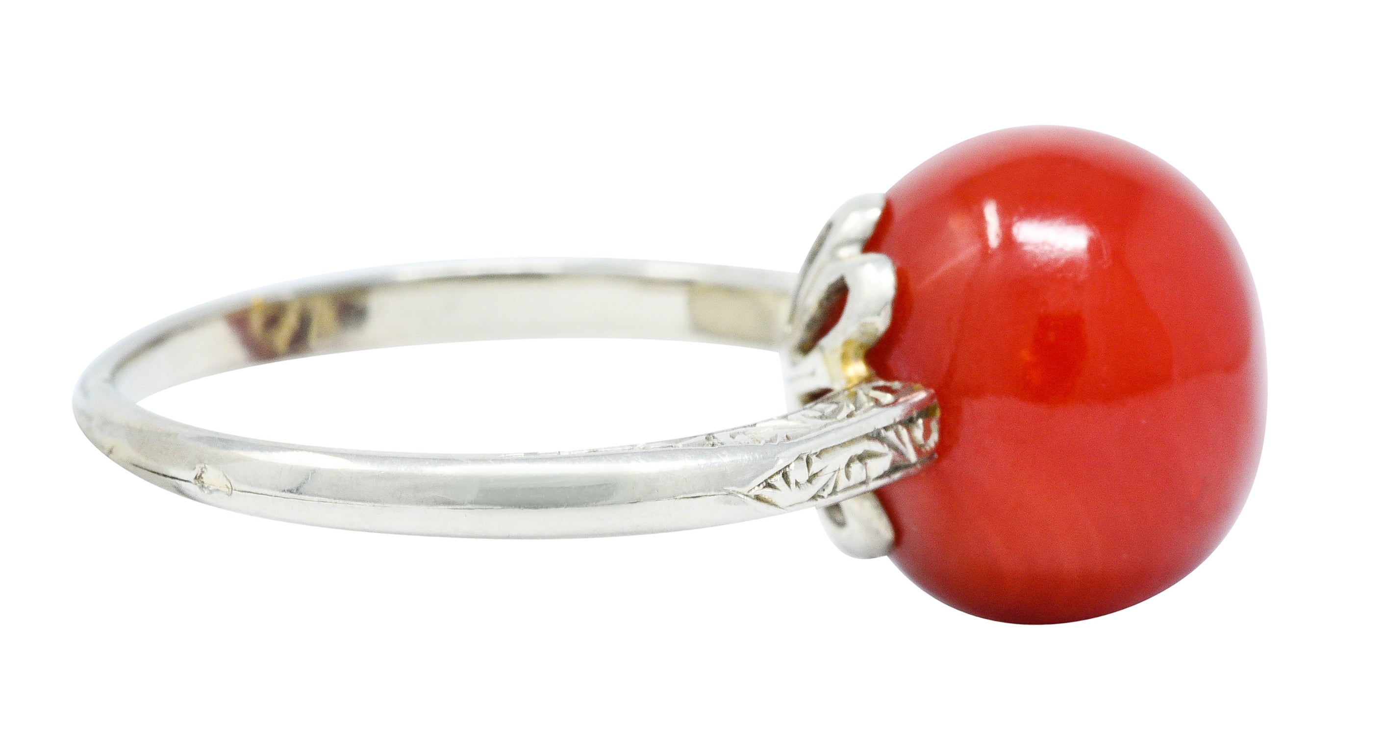 French 1920's Art Deco Carved Coral 18 Karat White Gold Ball RingRing - Wilson's Estate Jewelry