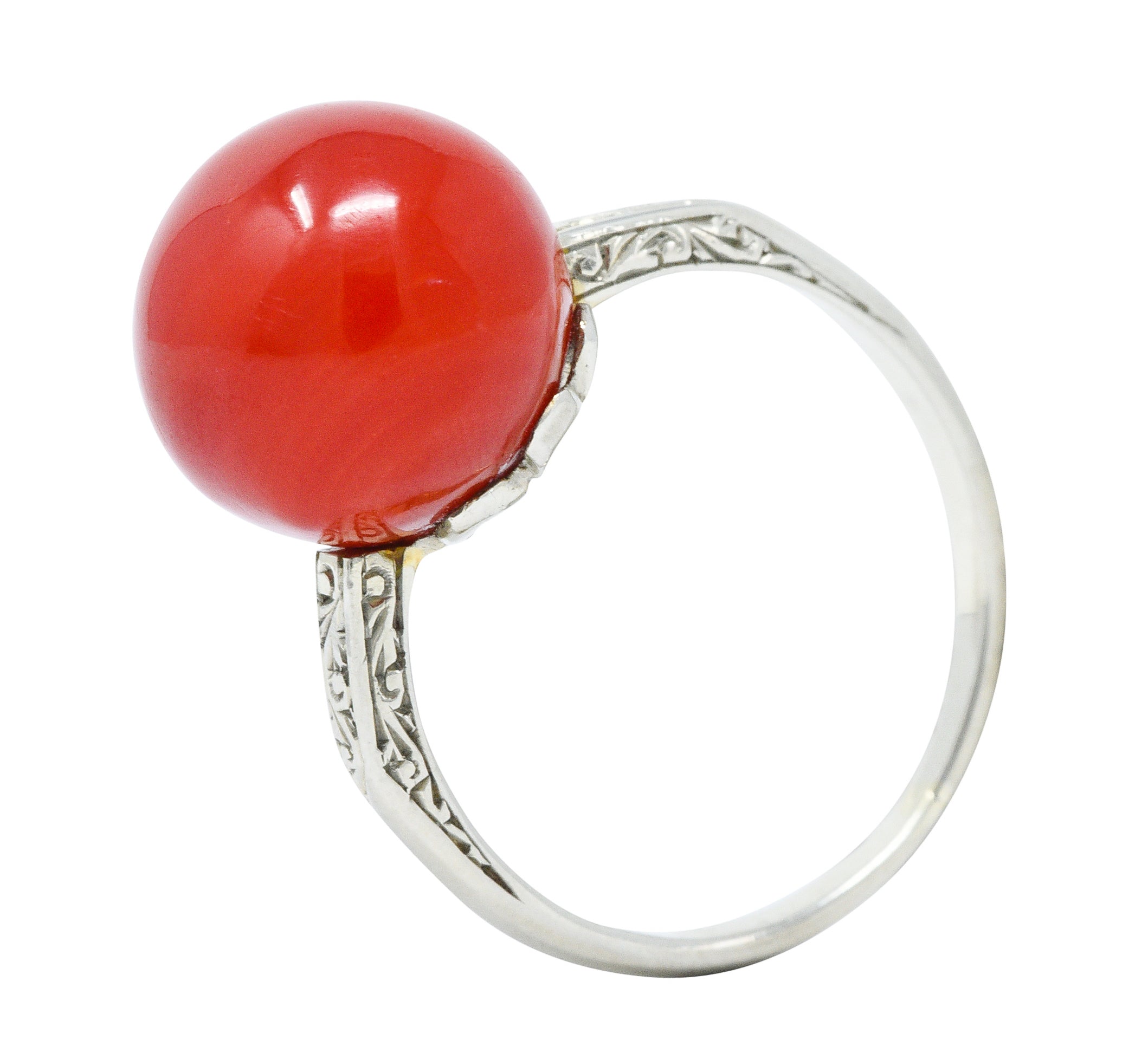 French 1920's Art Deco Carved Coral 18 Karat White Gold Ball RingRing - Wilson's Estate Jewelry