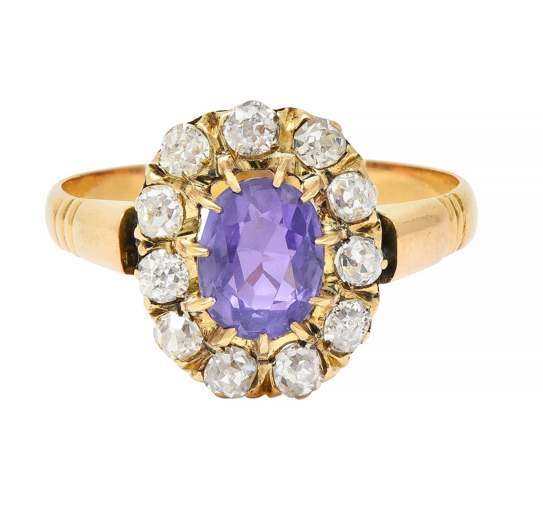 Victorian 1.78 CTW No Heat Ceylon Purple Sapphire 18 Karat Yellow Gold Halo Ring