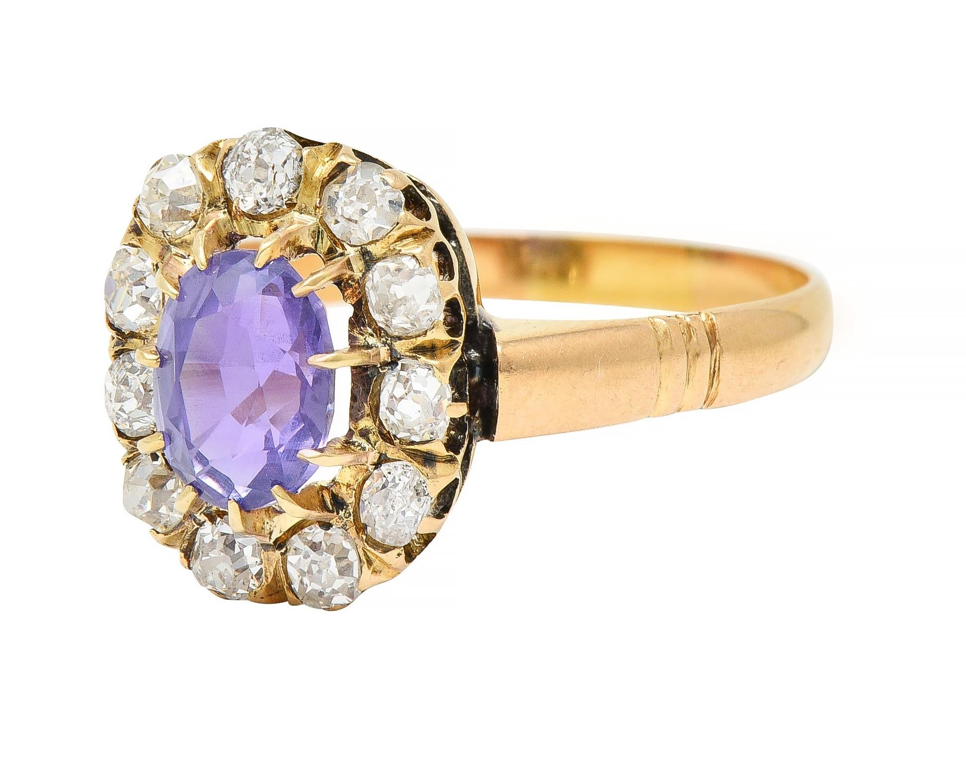 Victorian 1.78 CTW No Heat Ceylon Purple Sapphire 18 Karat Yellow Gold Halo Ring