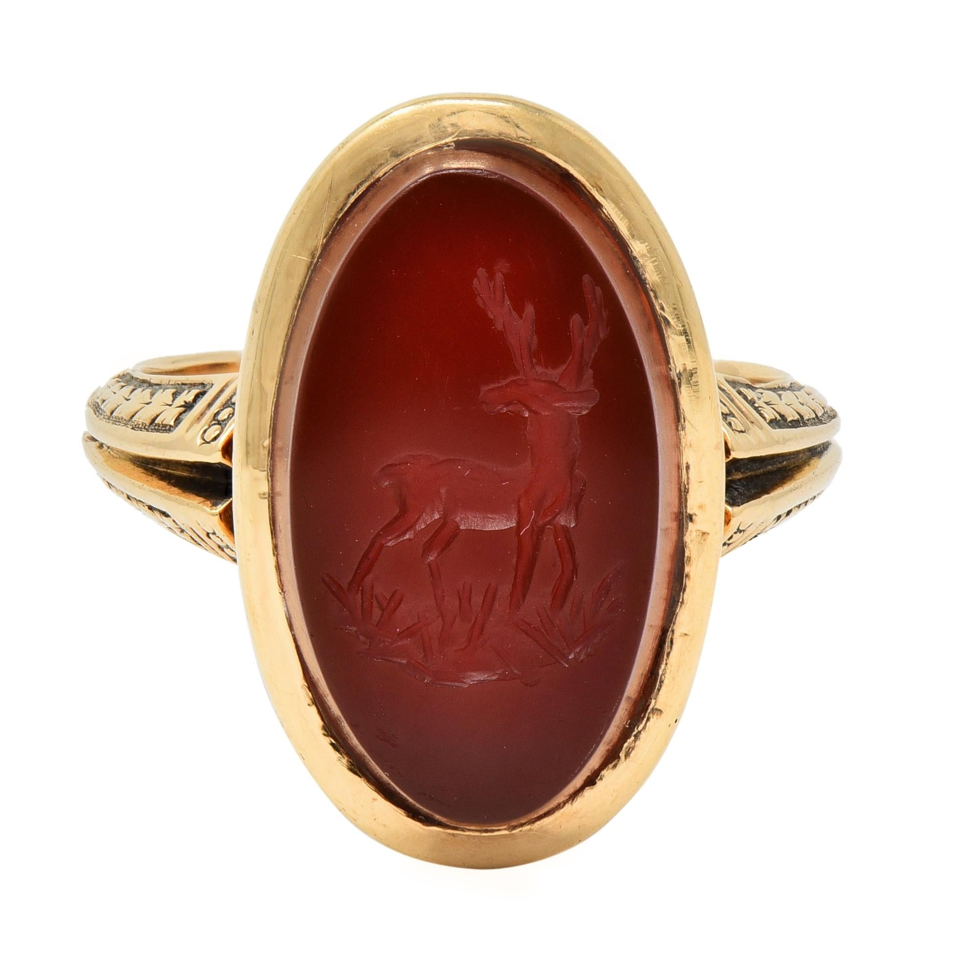 Victorian Carnelian 18K Yellow Gold Stag Deer Intaglio Antique Signet Ring