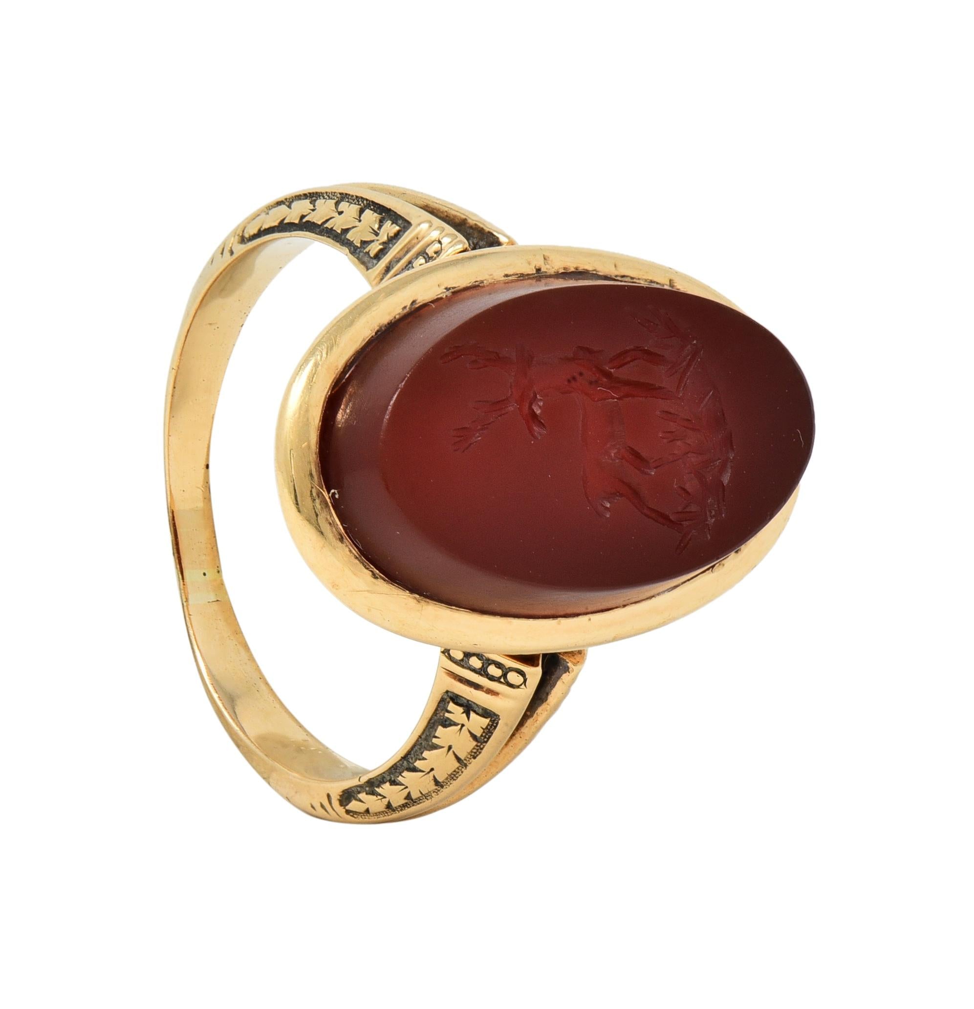 Victorian Carnelian 18K Yellow Gold Stag Deer Intaglio Antique Signet Ring