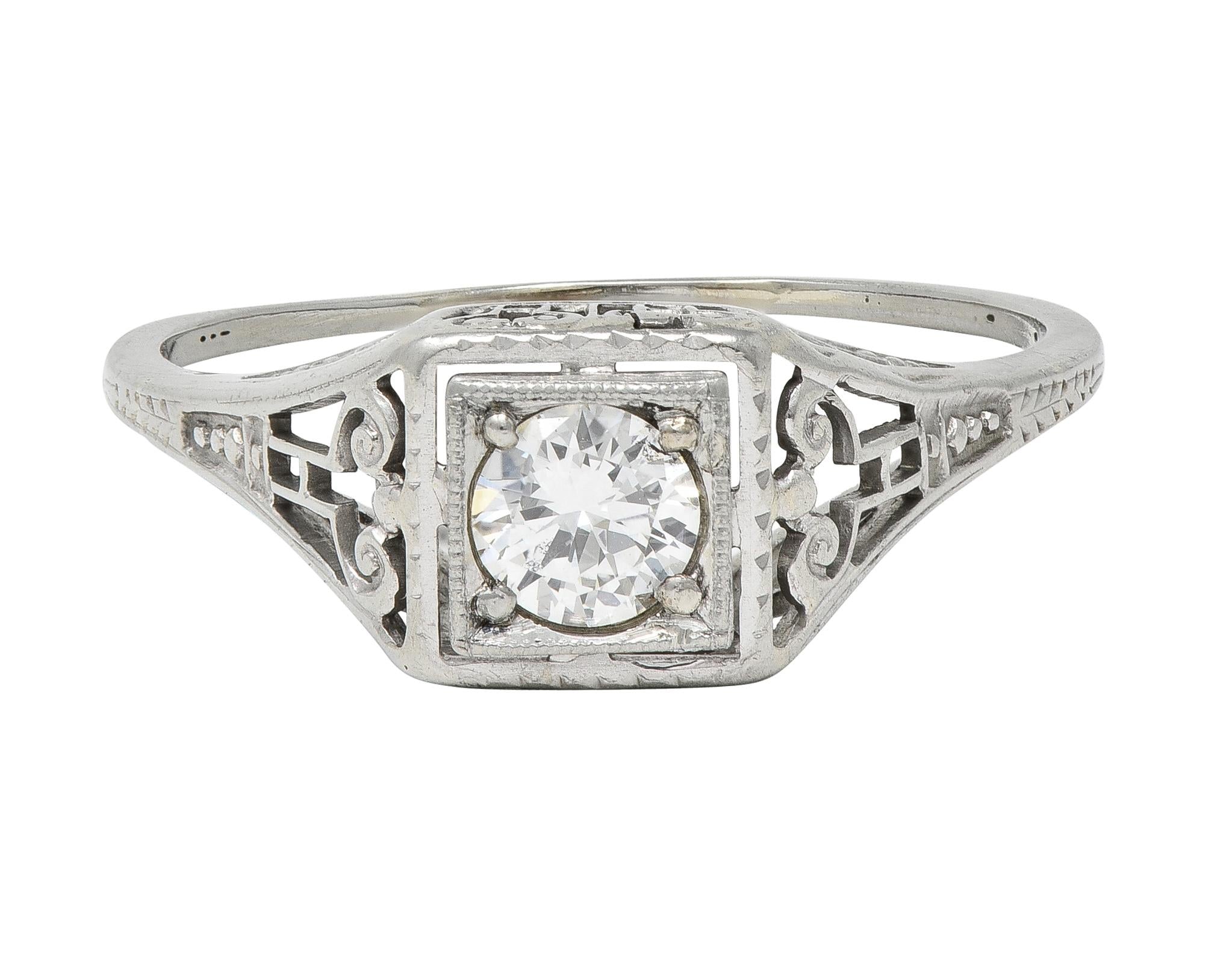 Art Deco Old European Diamond 14 Karat White Gold Column Engagement Ring