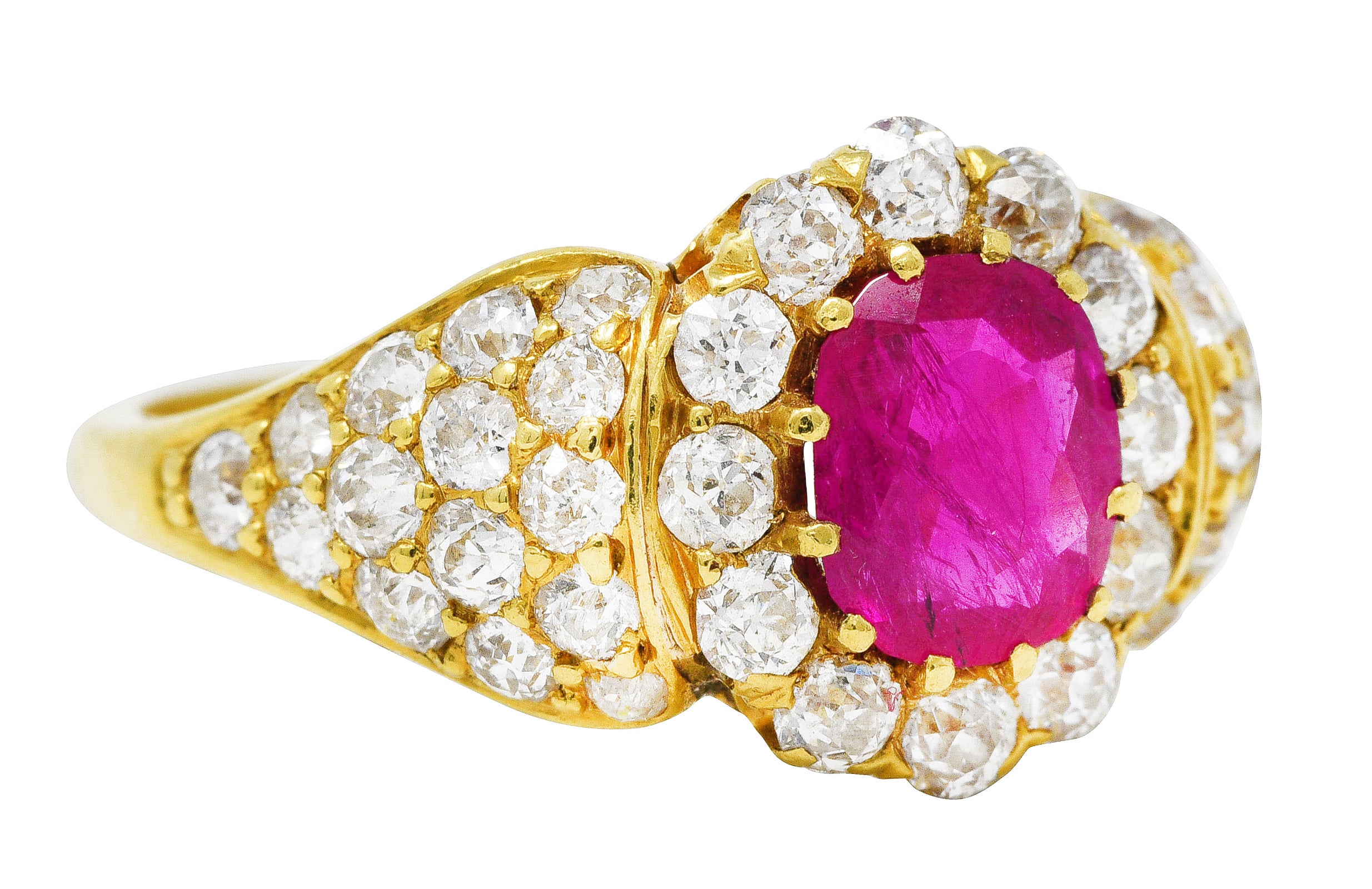 Late Victorian 2.35 CTW Ruby Diamond 18 Karat Yellow Gold Cluster Ring Wilson's Estate Jewelry