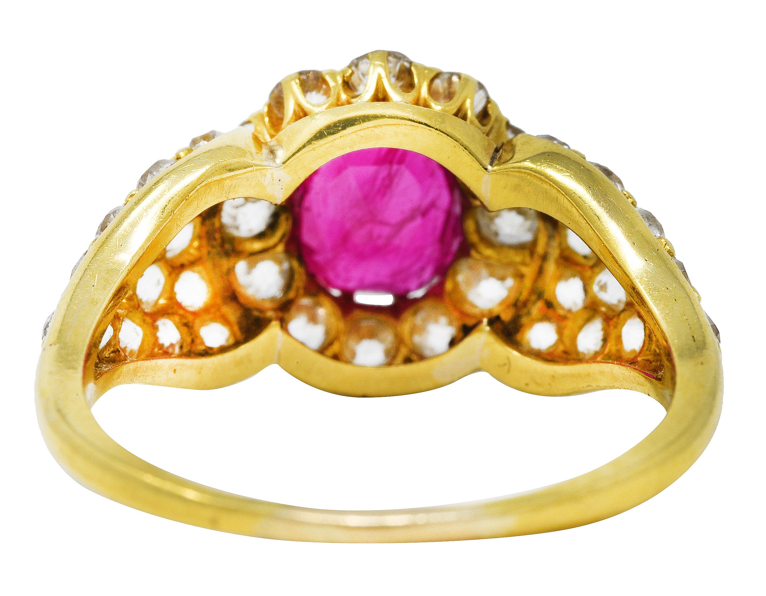 Late Victorian 2.35 CTW Ruby Diamond 18 Karat Yellow Gold Cluster Ring Wilson's Estate Jewelry