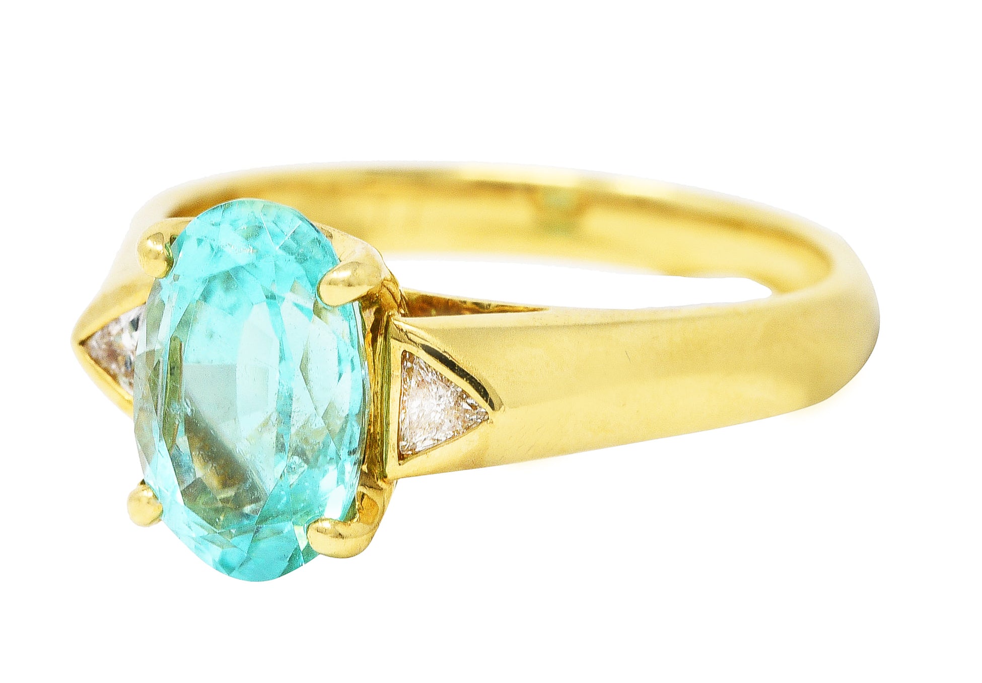 Contemporary 2.51 CTW Paraiba Tourmaline Trillion Cut Diamond 18 Karat Yellow Gold Three Stone Ring AGL Wilson's Estate Jewelry