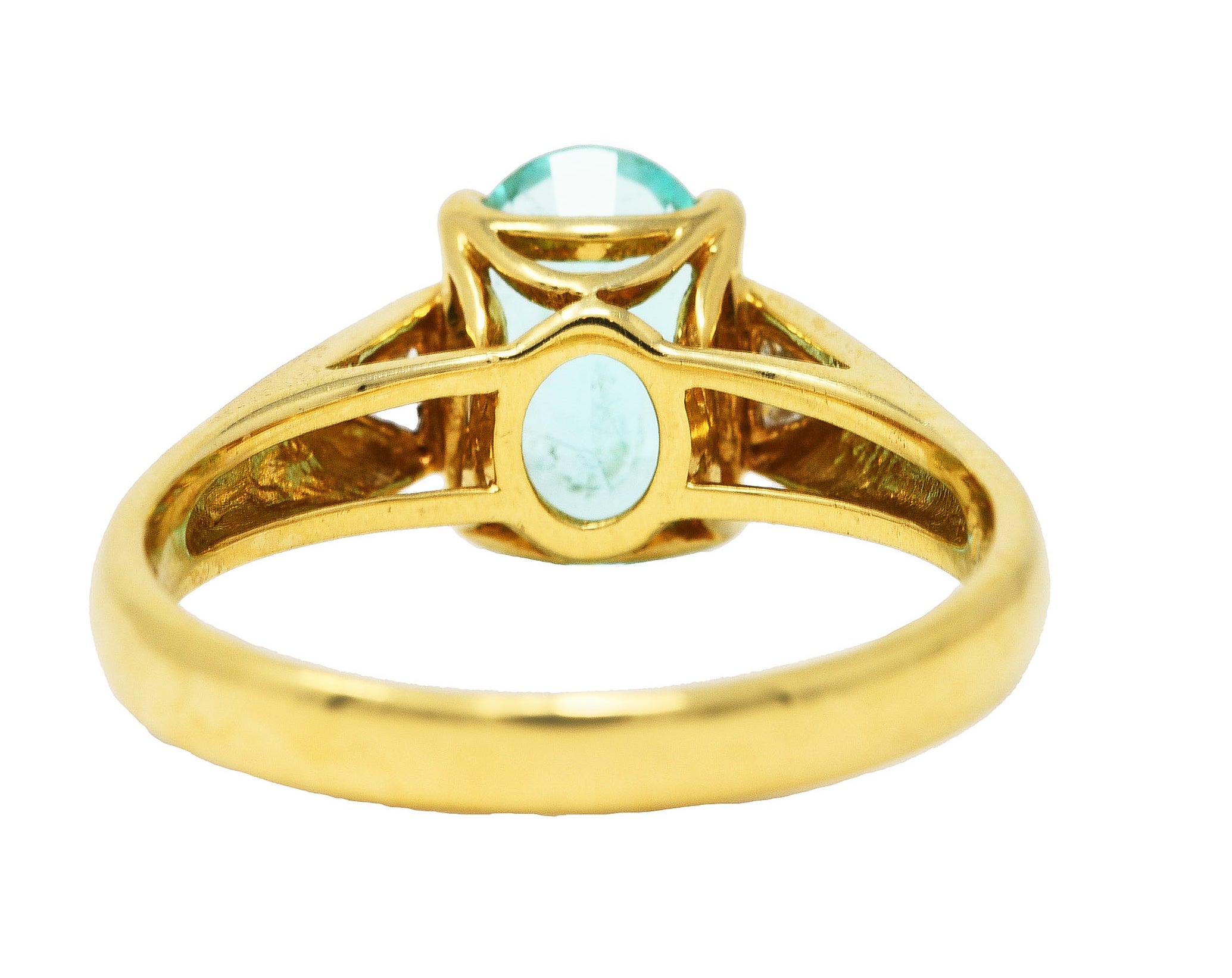 Contemporary 2.51 CTW Paraiba Tourmaline Trillion Cut Diamond 18 Karat Yellow Gold Three Stone Ring AGL Wilson's Estate Jewelry