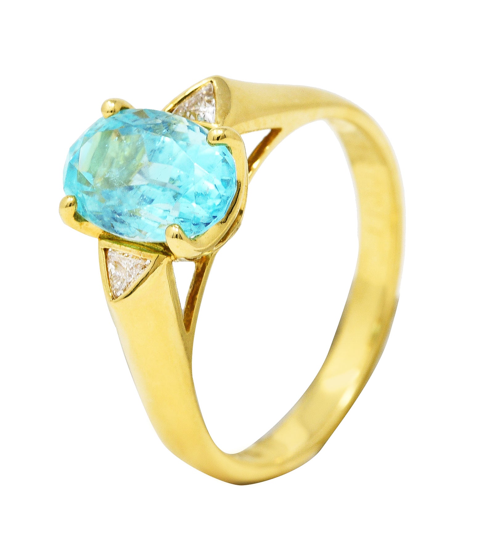 Contemporary 2.51 CTW Paraiba Tourmaline Trillion Cut Diamond 18 Karat Yellow Gold Three Stone Ring AGL Wilson's Estate Jewelry