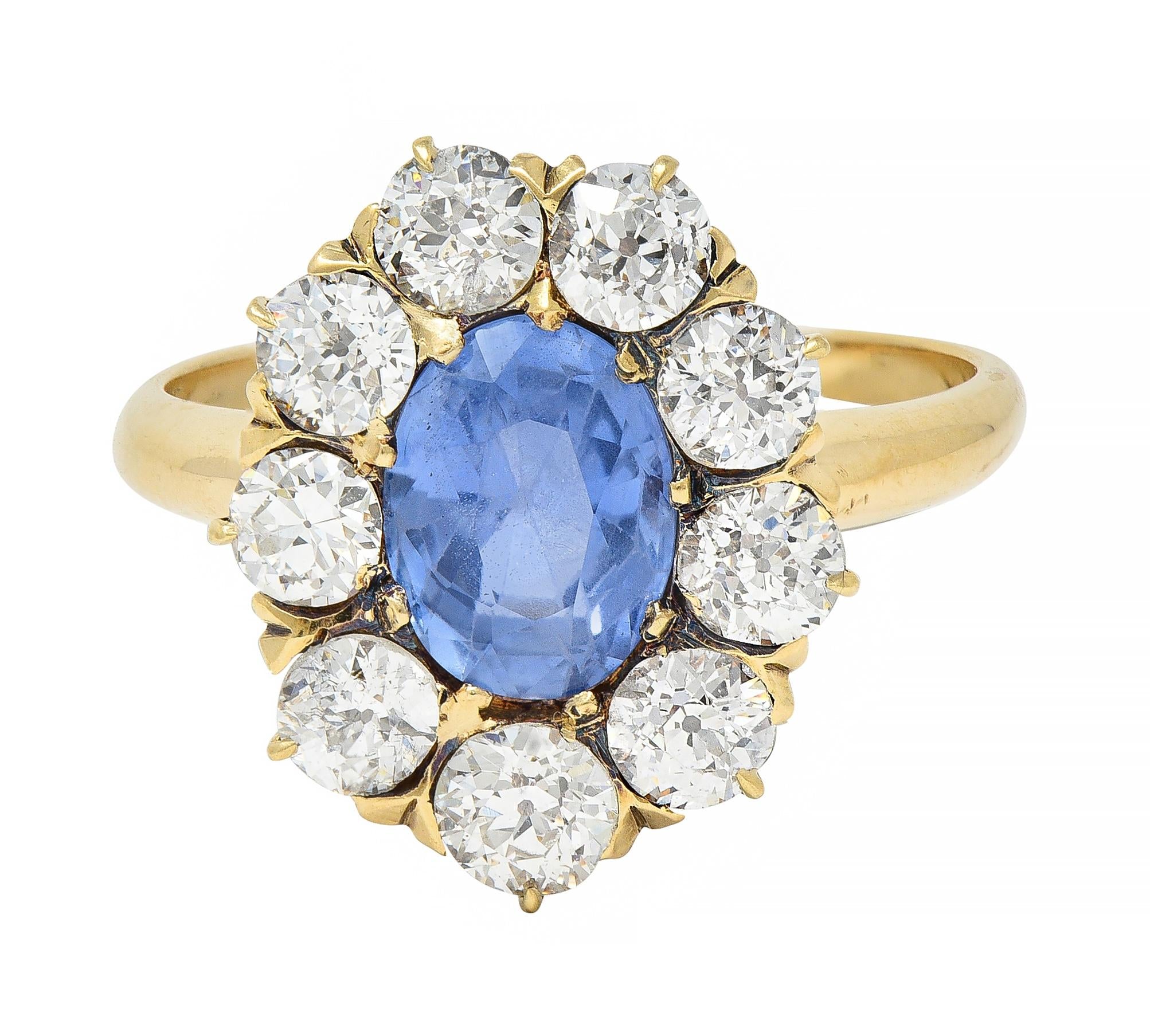 Victorian 3.31 CTW No Heat Ceylon Sapphire Diamond 14 Karat Gold Halo Ring GIA