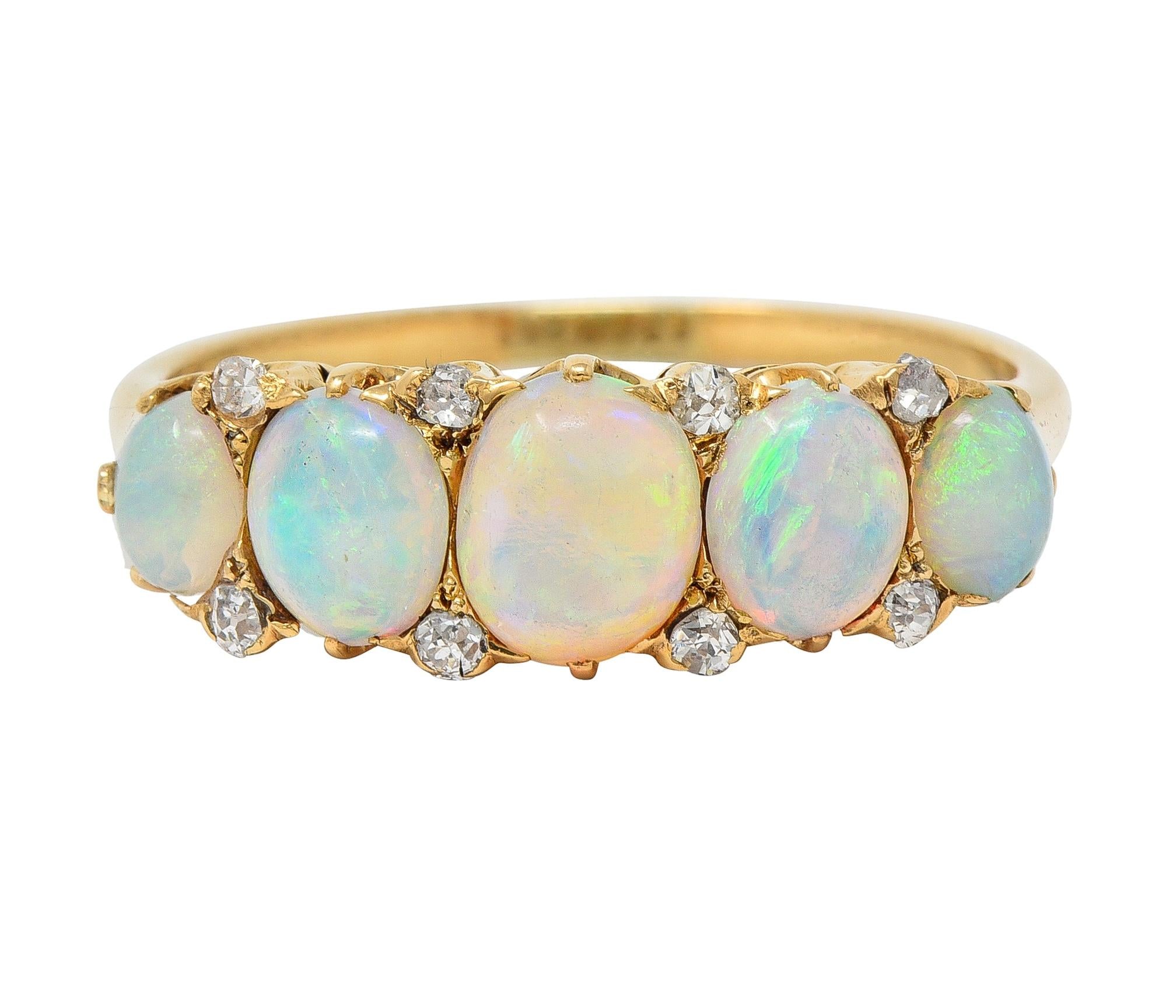 Victorian Opal Diamond 18 Karat Yellow Gold Antique Five Stone Band Ring