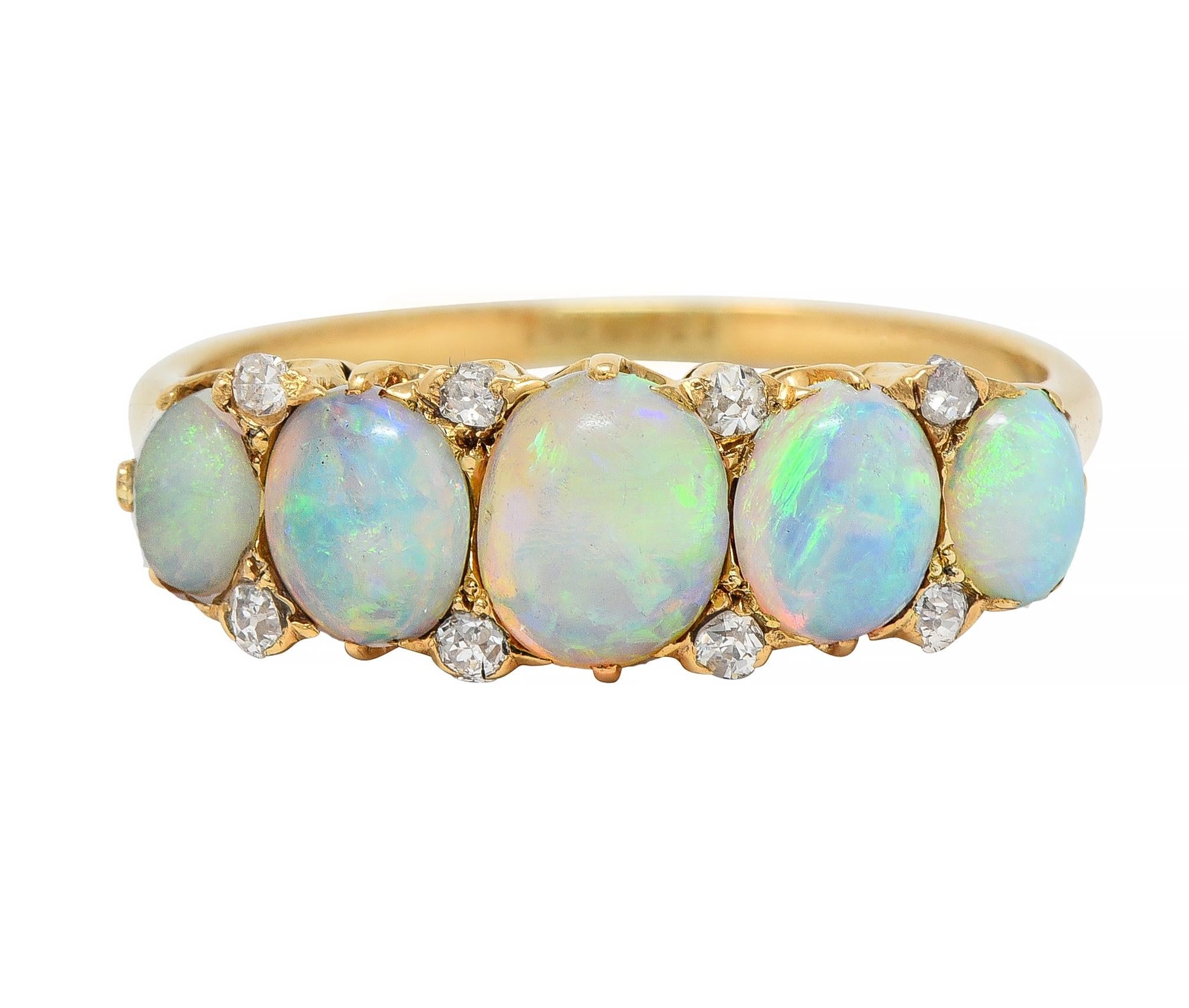 Victorian Opal Diamond 18 Karat Yellow Gold Antique Five Stone Band Ring