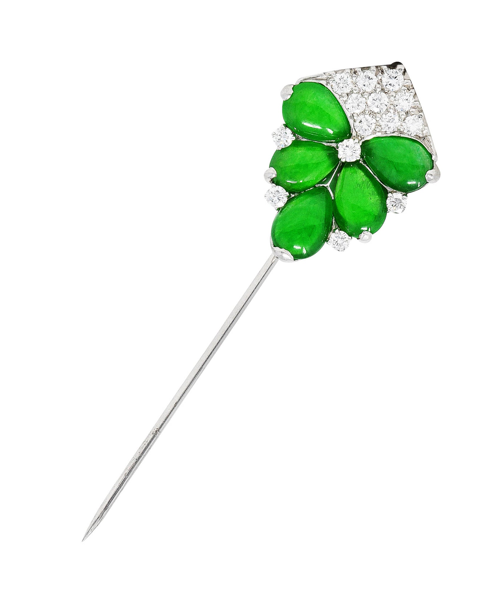 1960's Vintage Jade Diamond Platinum Cluster StickpinStick Pin - Wilson's Estate Jewelry