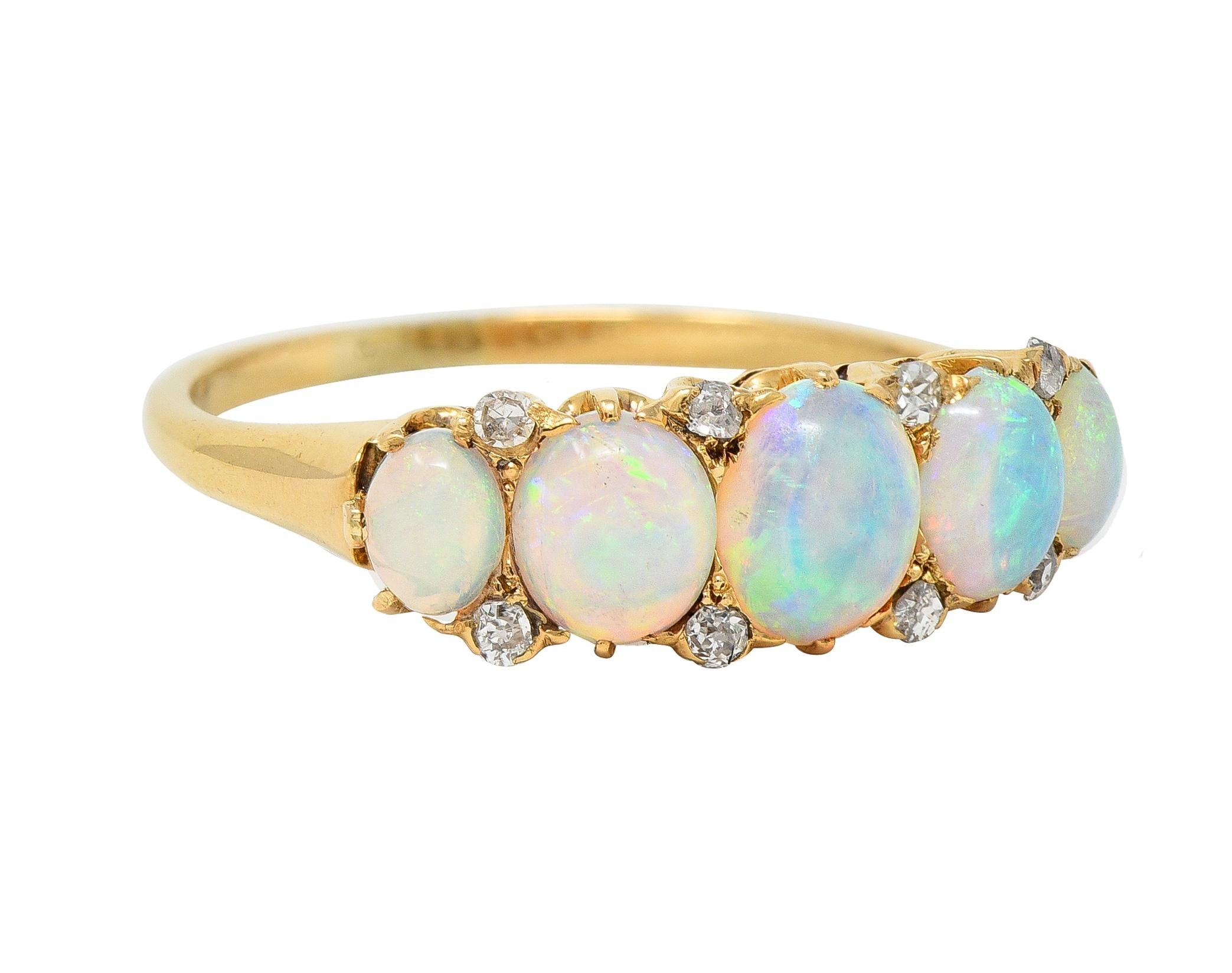 Victorian Opal Diamond 18 Karat Yellow Gold Antique Five Stone Band Ring