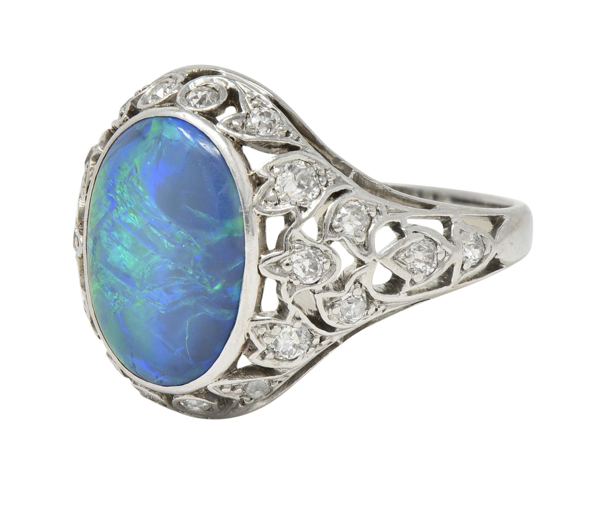 Art Deco Opal Diamond Platinum Ivy Bombé Vintage Gemstone Ring