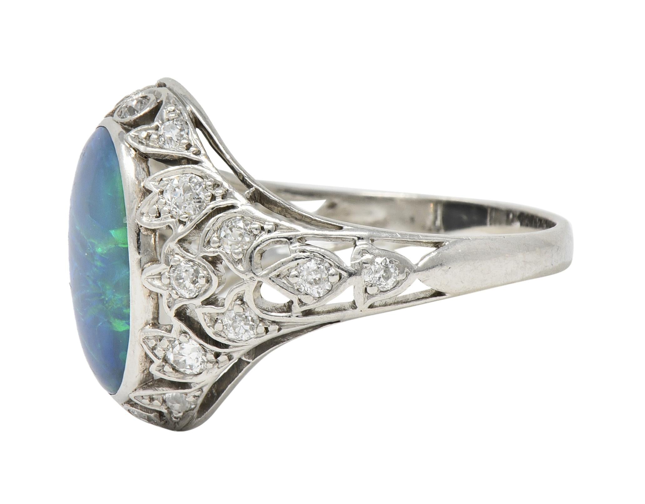 Art Deco Opal Diamond Platinum Ivy Bombé Vintage Gemstone Ring