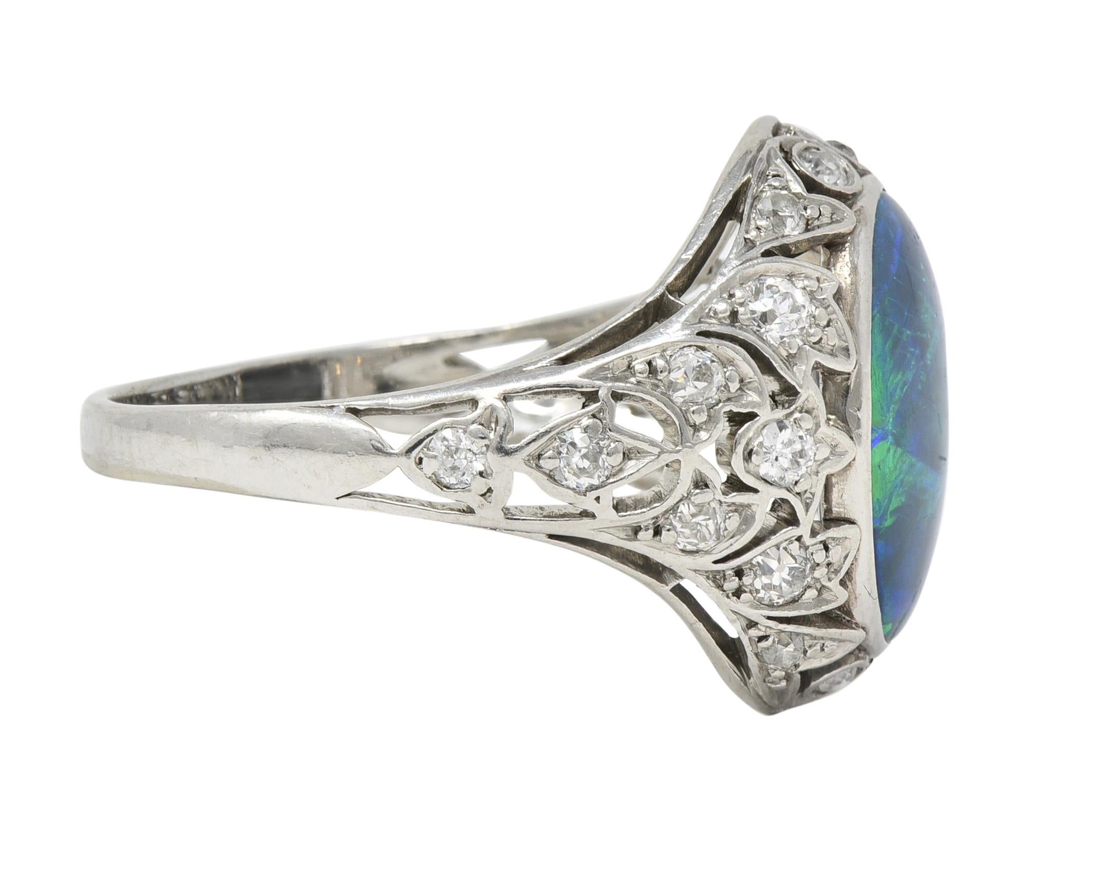 Art Deco Opal Diamond Platinum Ivy Bombé Vintage Gemstone Ring