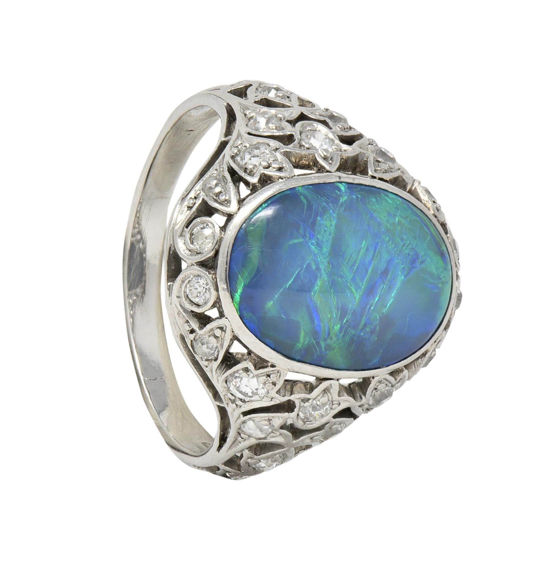 Art Deco Opal Diamond Platinum Ivy Bombé Vintage Gemstone Ring