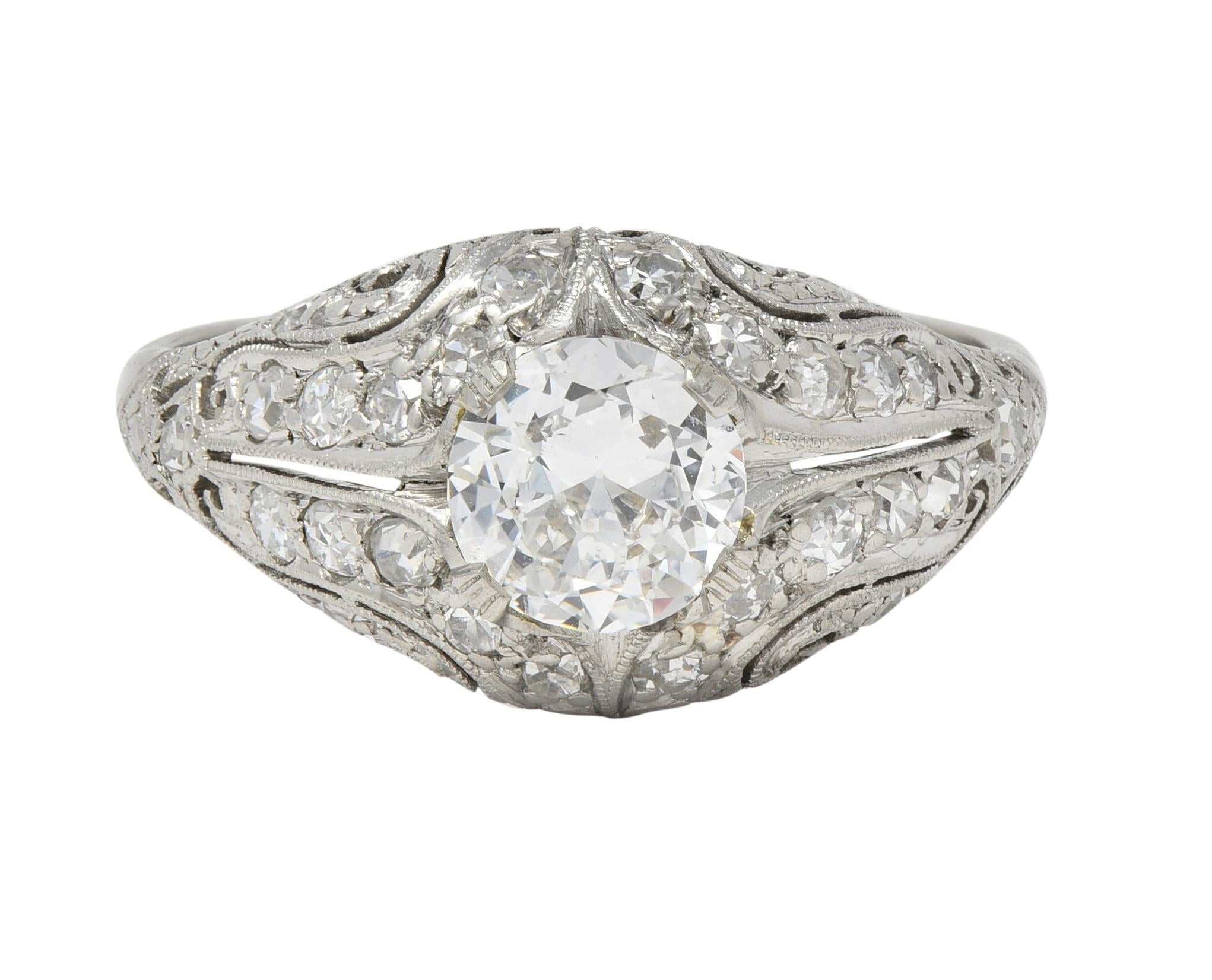 Art Deco 1.22 CTW European Diamond Platinum Scrolling Bombé Engagement Ring