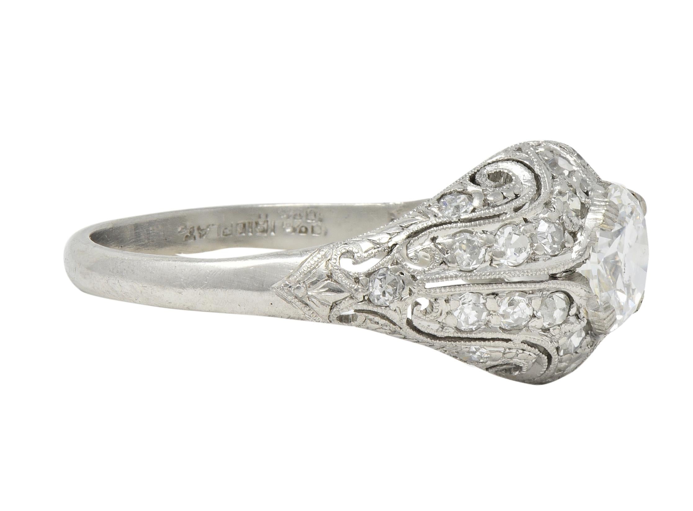 Art Deco 1.22 CTW European Diamond Platinum Scrolling Bombé Engagement Ring