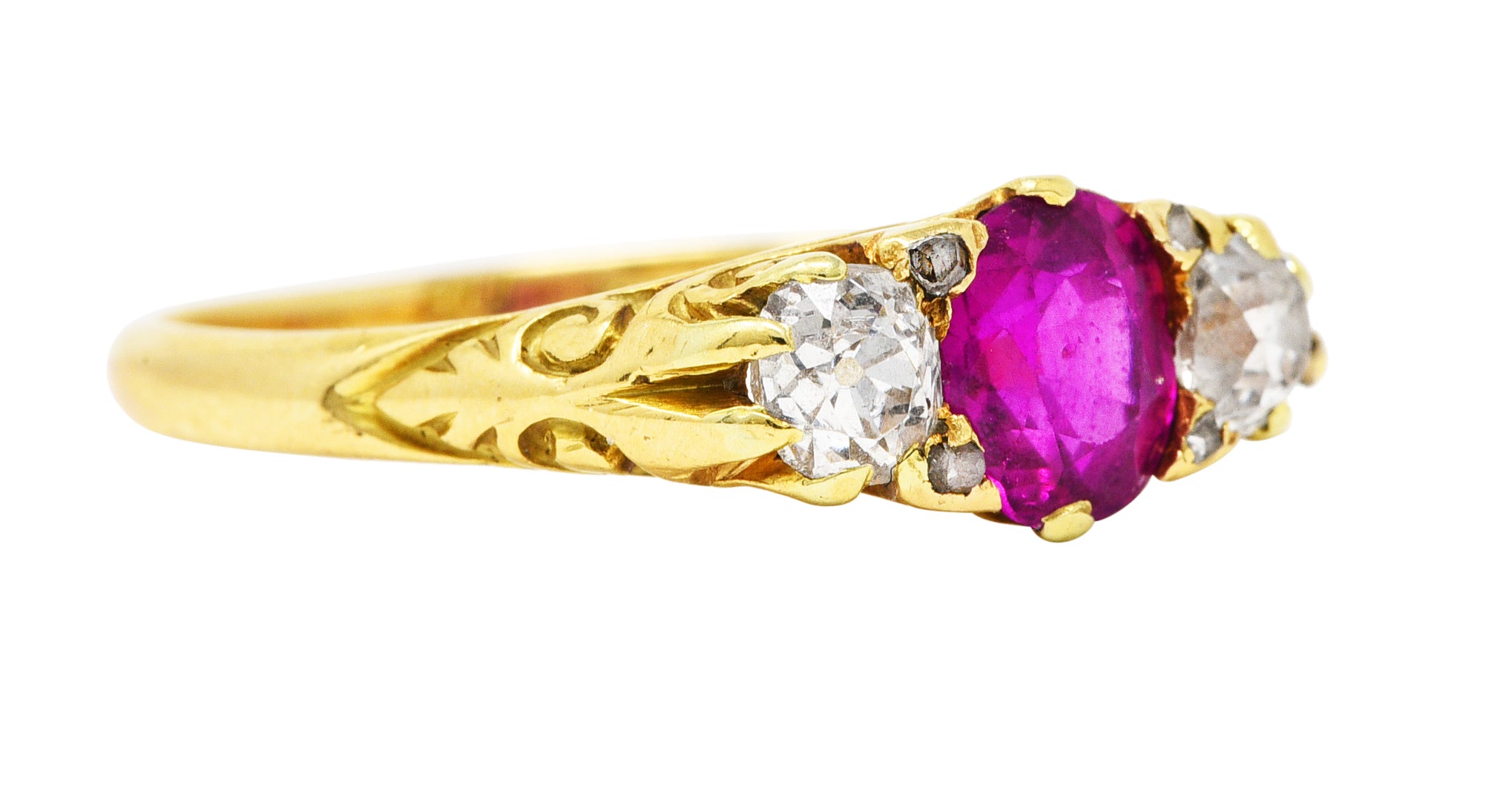 Victorian 1.64 CTW Ruby Old Mine Cut Diamond 18 Karat Yellow Gold Scrolling Three-Stone Antique Ring Wilson's Estate Jewelry