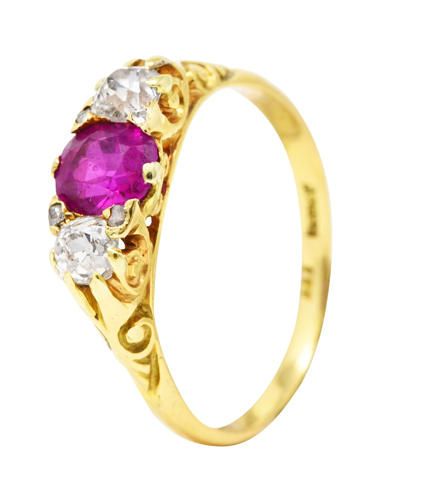 Victorian 1.64 CTW Ruby Old Mine Cut Diamond 18 Karat Yellow Gold Scrolling Three-Stone Antique Ring Wilson's Estate Jewelry