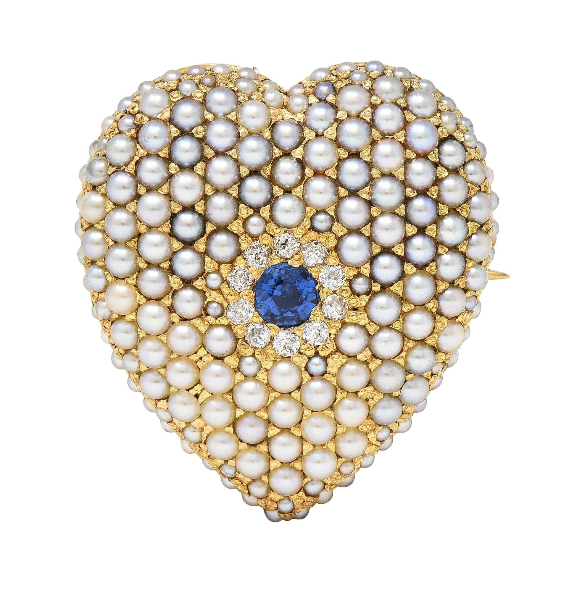 Riker Brothers Victorian Sapphire Diamond 14 Karat Gold Heart Pendant Brooch