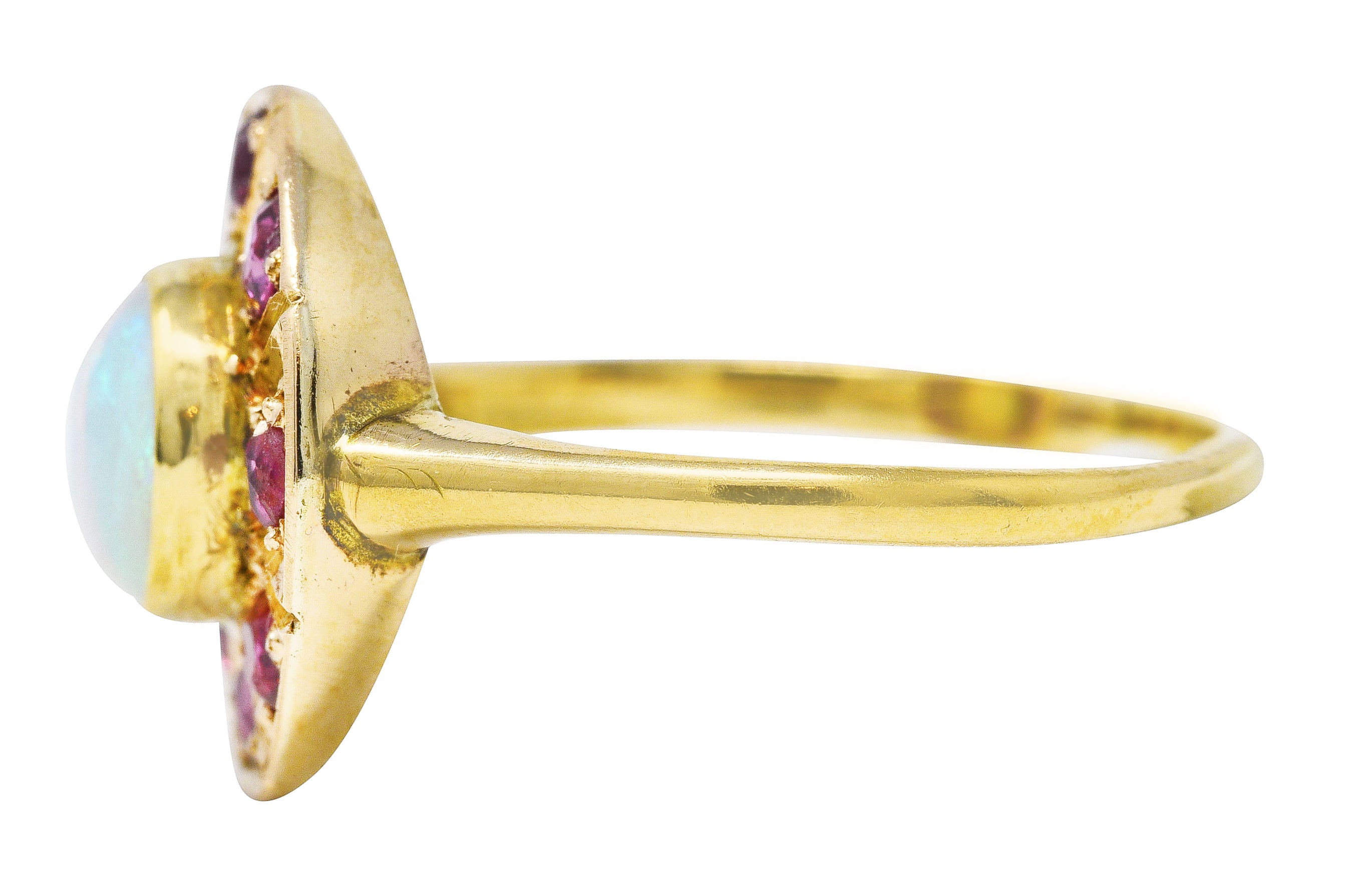 .11111 SH 1890's Late Victorian Opal Ruby 18 Karat Gold Cluster Ring Wilson's Estate Jewelry