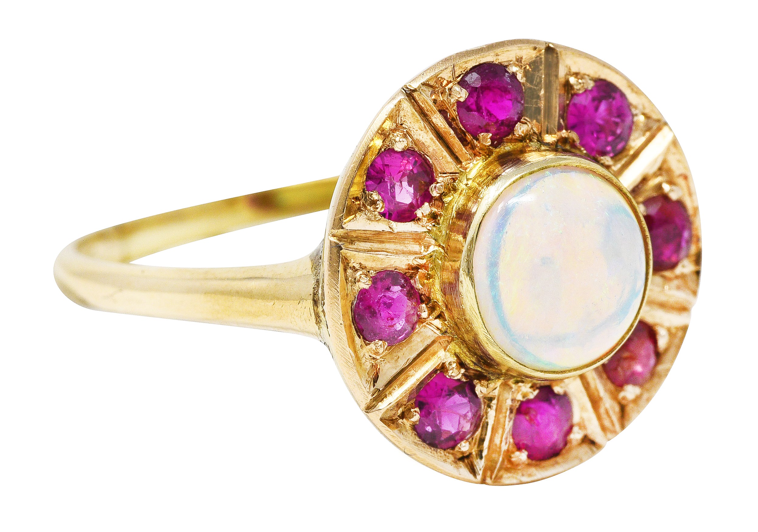 .11111 SH 1890's Late Victorian Opal Ruby 18 Karat Gold Cluster Ring Wilson's Estate Jewelry