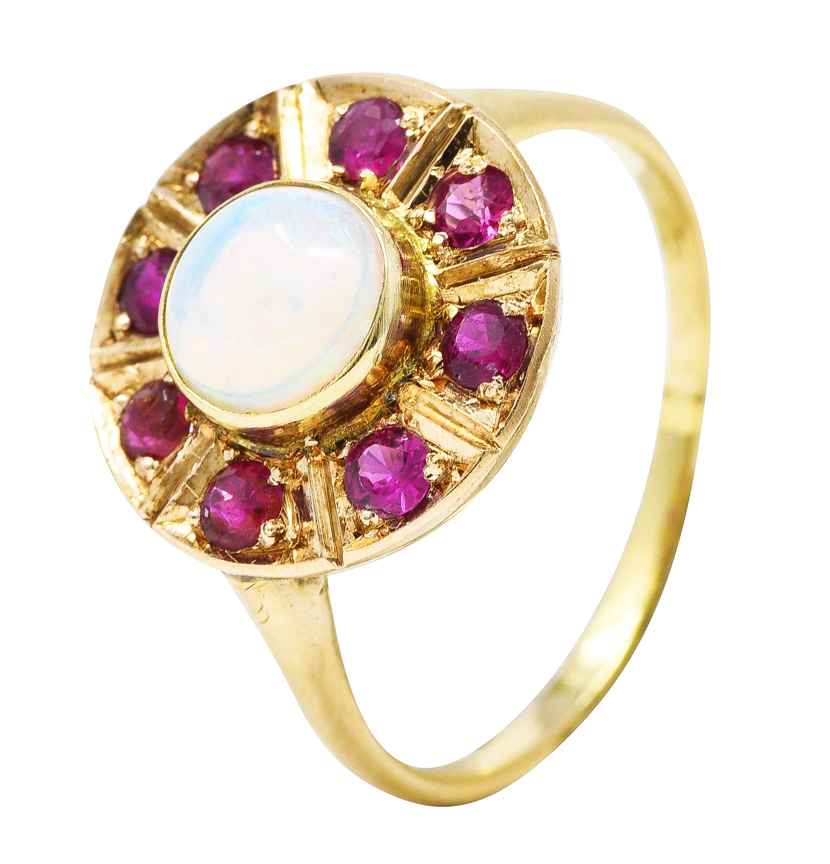 .11111 SH 1890's Late Victorian Opal Ruby 18 Karat Gold Cluster Ring Wilson's Estate Jewelry