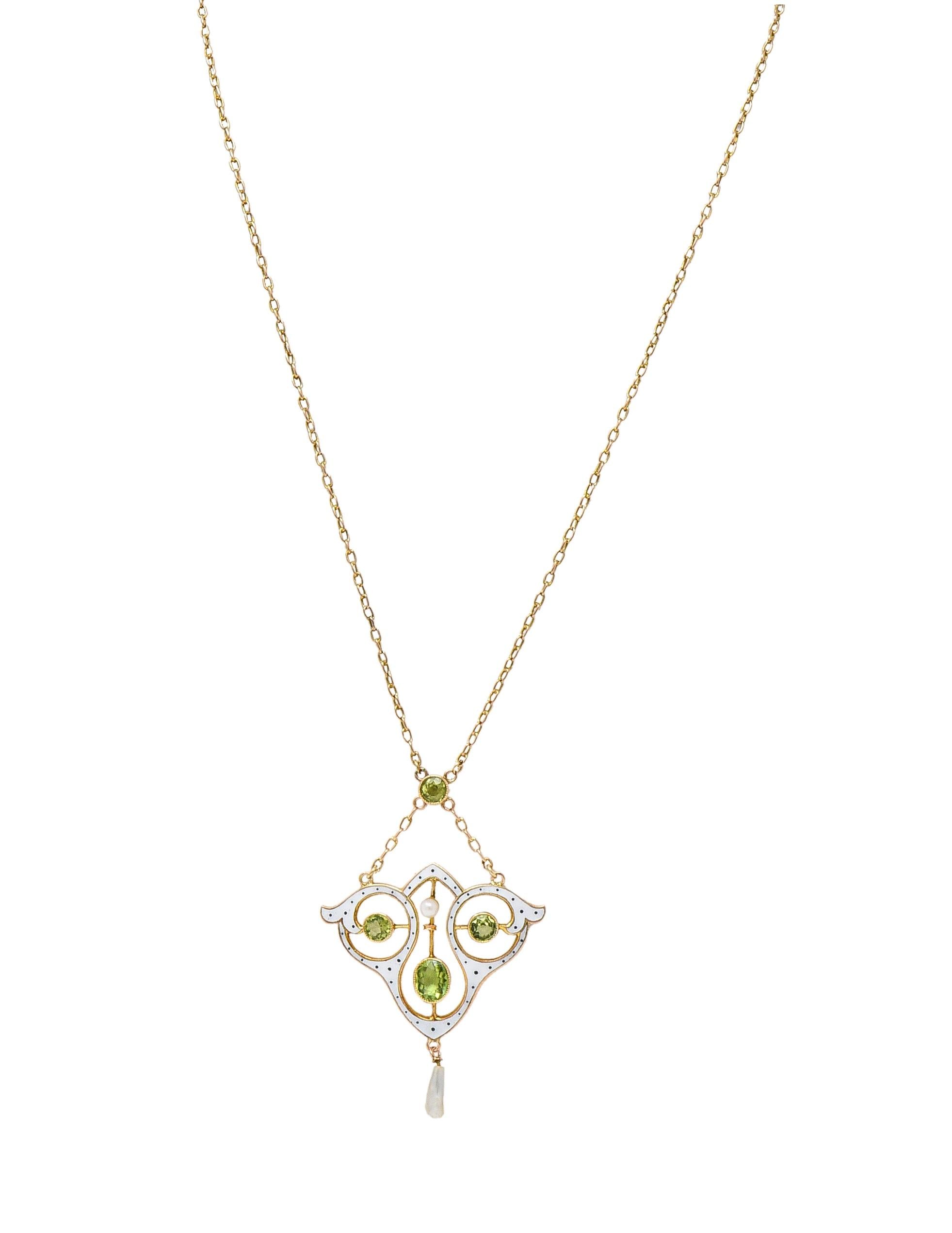 Art Nouveau Peridot Pearl Enamel 9 Karat Rose Gold Antique Lavalier Necklace