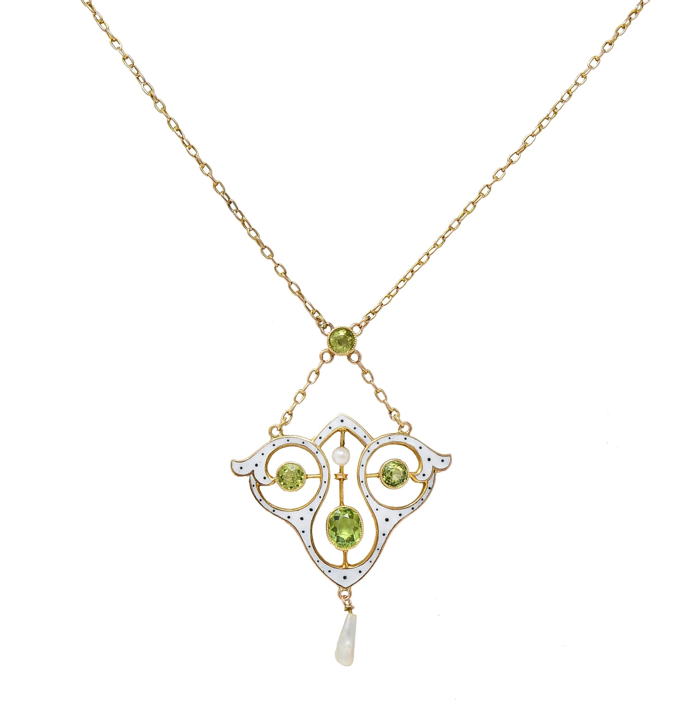 Art Nouveau Peridot Pearl Enamel 9 Karat Rose Gold Antique Lavalier Necklace