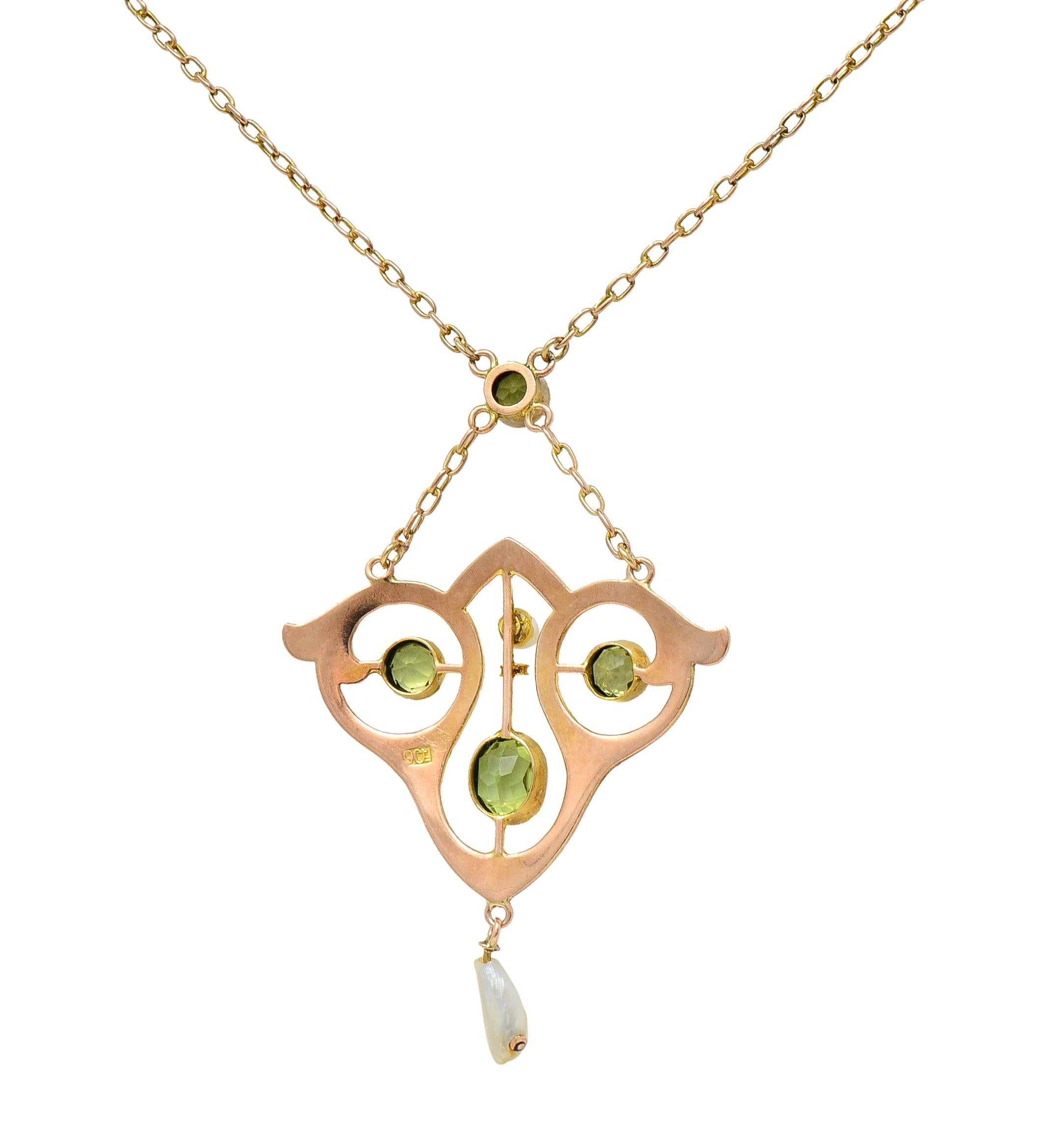 Art Nouveau Peridot Pearl Enamel 9 Karat Rose Gold Antique Lavalier Necklace