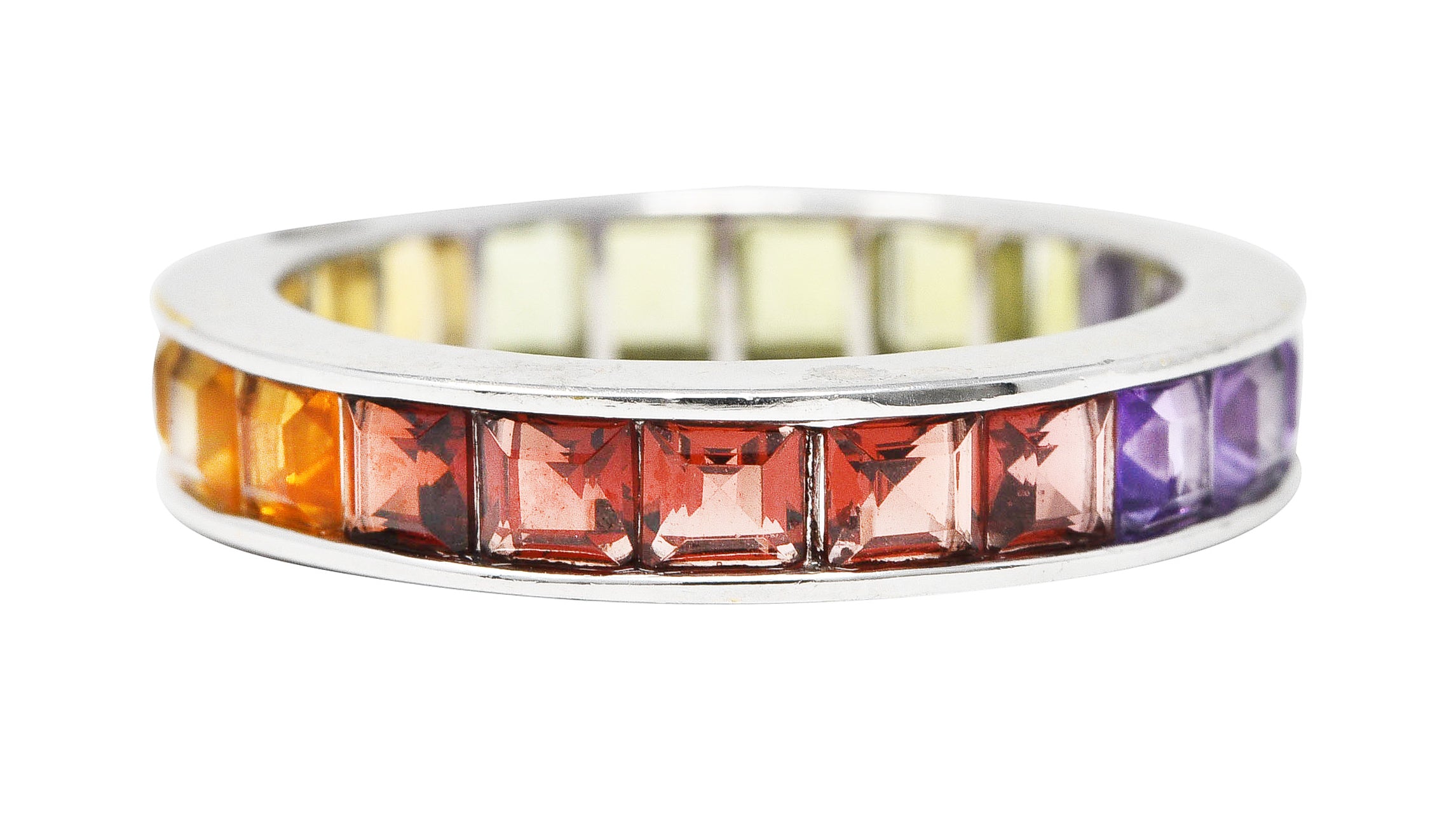 Modern Amethyst Peridot Citrine Garnet Square Cut 18 Karat White Gold Channel Rainbow Eternity Band Ring Wilson's Estate Jewelry