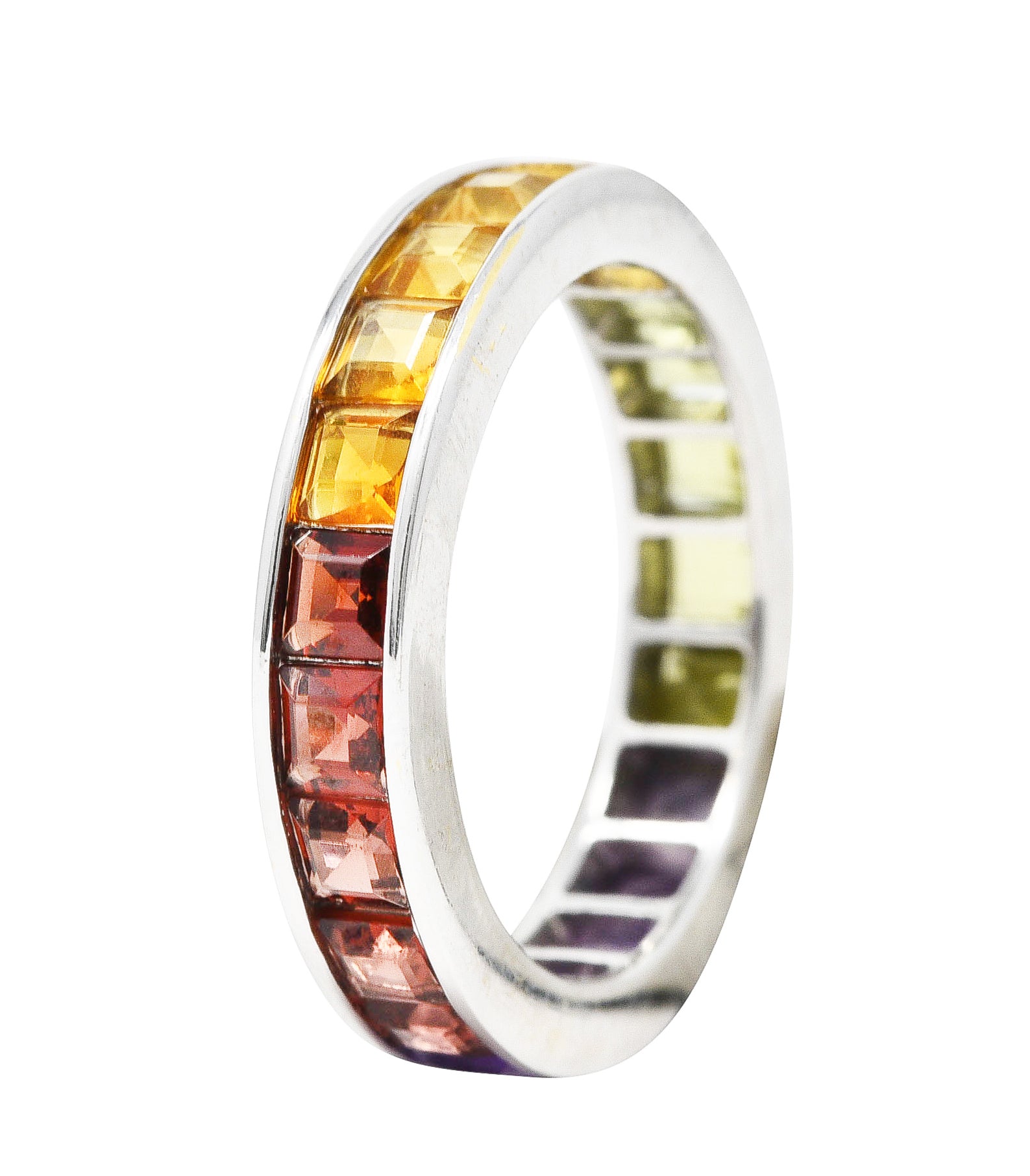 Modern Amethyst Peridot Citrine Garnet Square Cut 18 Karat White Gold Channel Rainbow Eternity Band Ring Wilson's Estate Jewelry