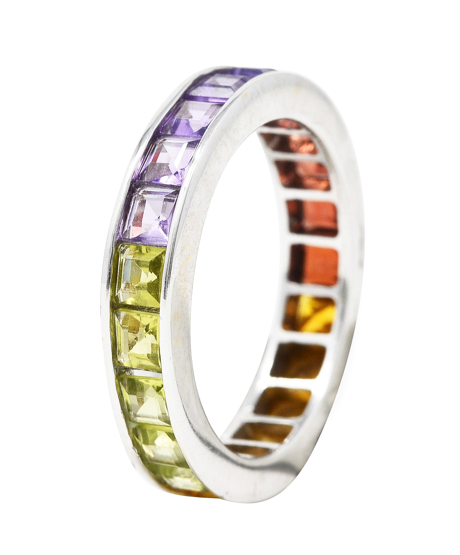 Modern Amethyst Peridot Citrine Garnet Square Cut 18 Karat White Gold Channel Rainbow Eternity Band Ring Wilson's Estate Jewelry